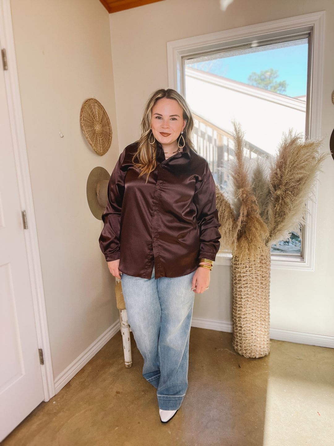 Down To Disco Satin Long Sleeve Button Up Top in Brown - Giddy Up Glamour Boutique