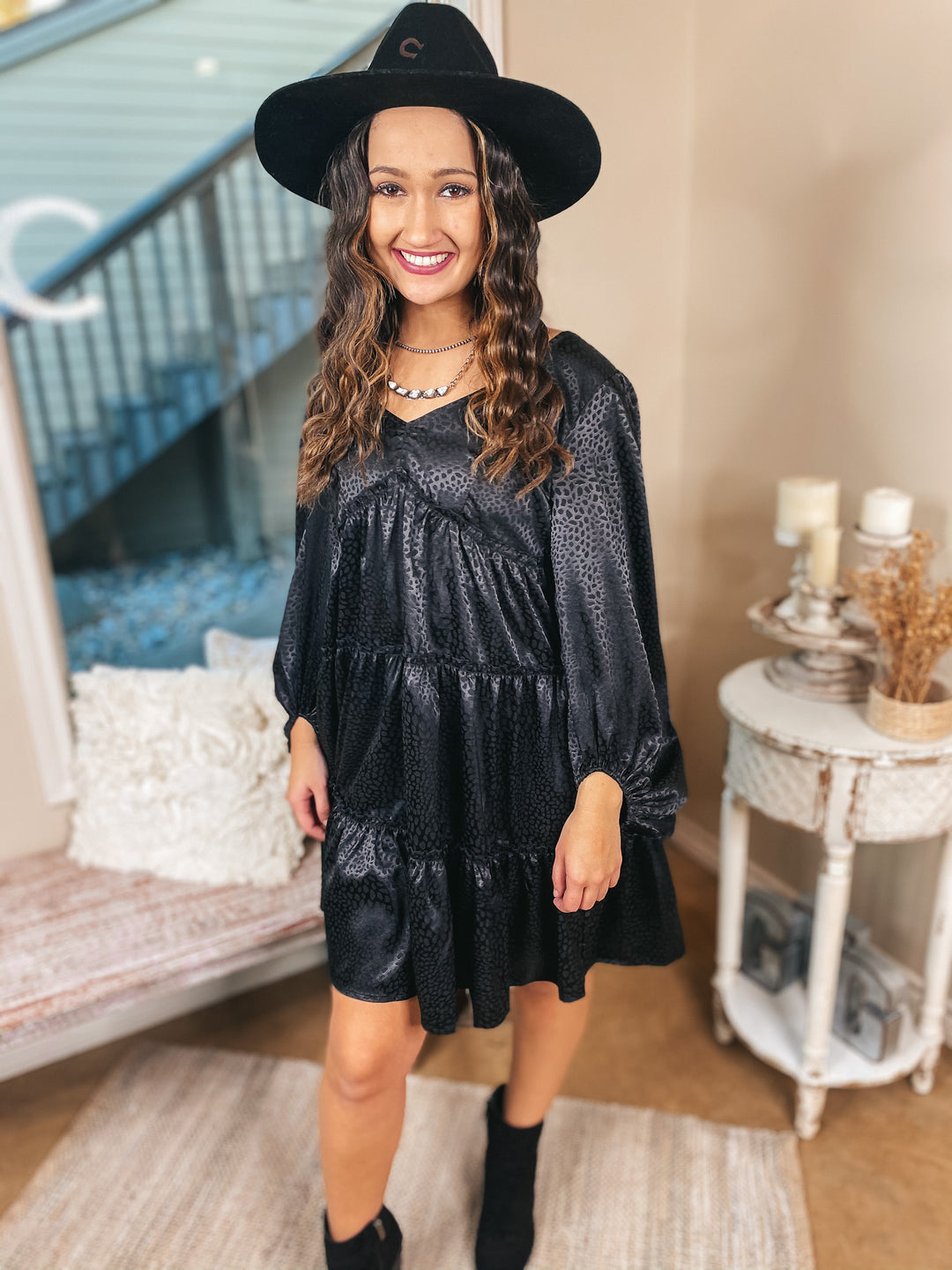 Midnight Shine Dotted Ruffle Tiered Satin Dress with Back Tie in Black - Giddy Up Glamour Boutique