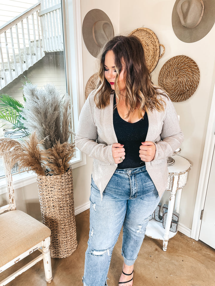 Chic Influencer Long Sleeve Open Front Sparkle Blazer in Champagne - Giddy Up Glamour Boutique