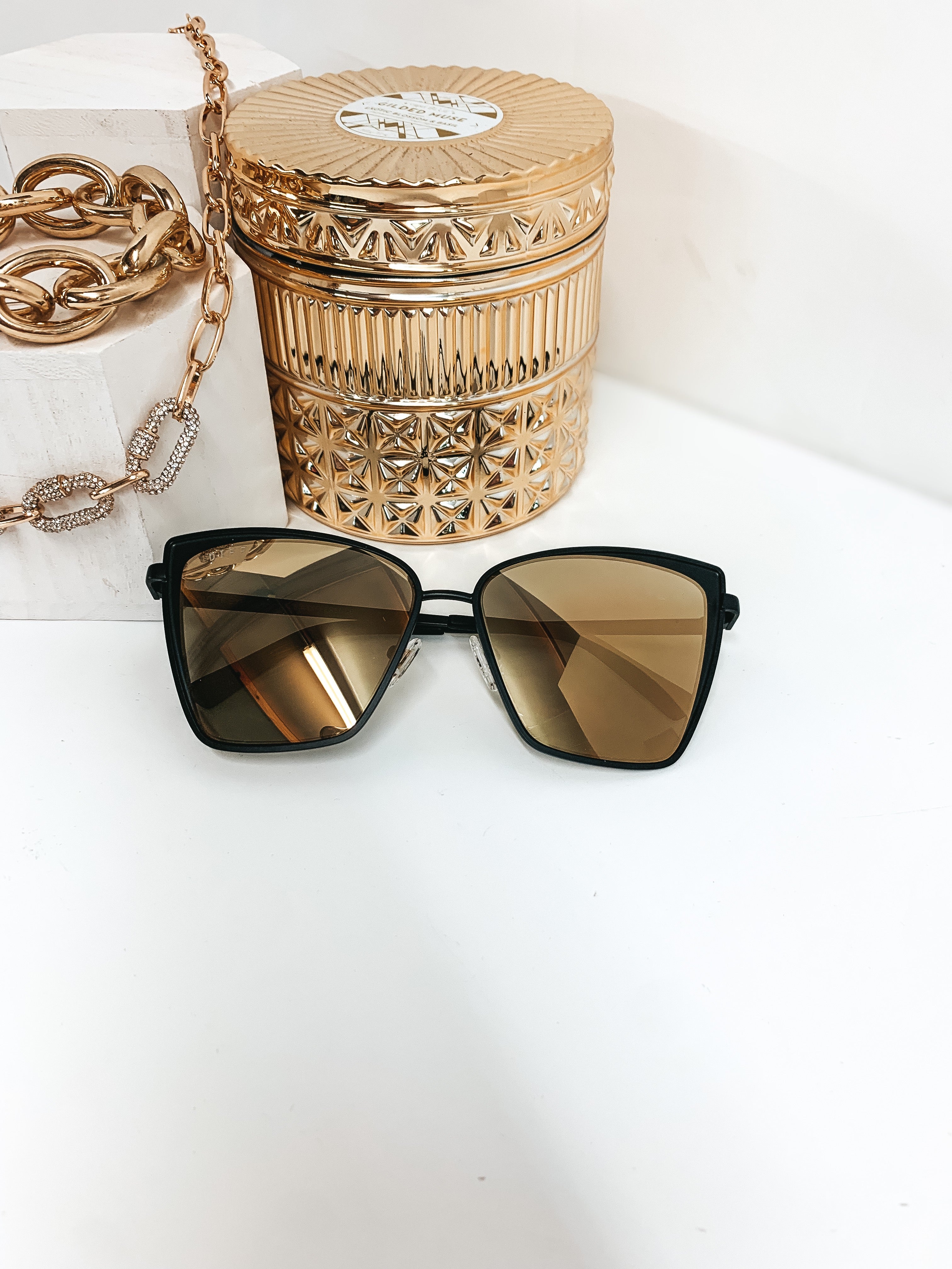 DIFF | Becky Gold Mirror Lens Sunglasses in Matte Black - Giddy Up Glamour Boutique