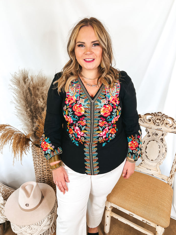 Brunch With Me Long Sleeve Embroidered Top with V Neckline in Black - Giddy Up Glamour Boutique