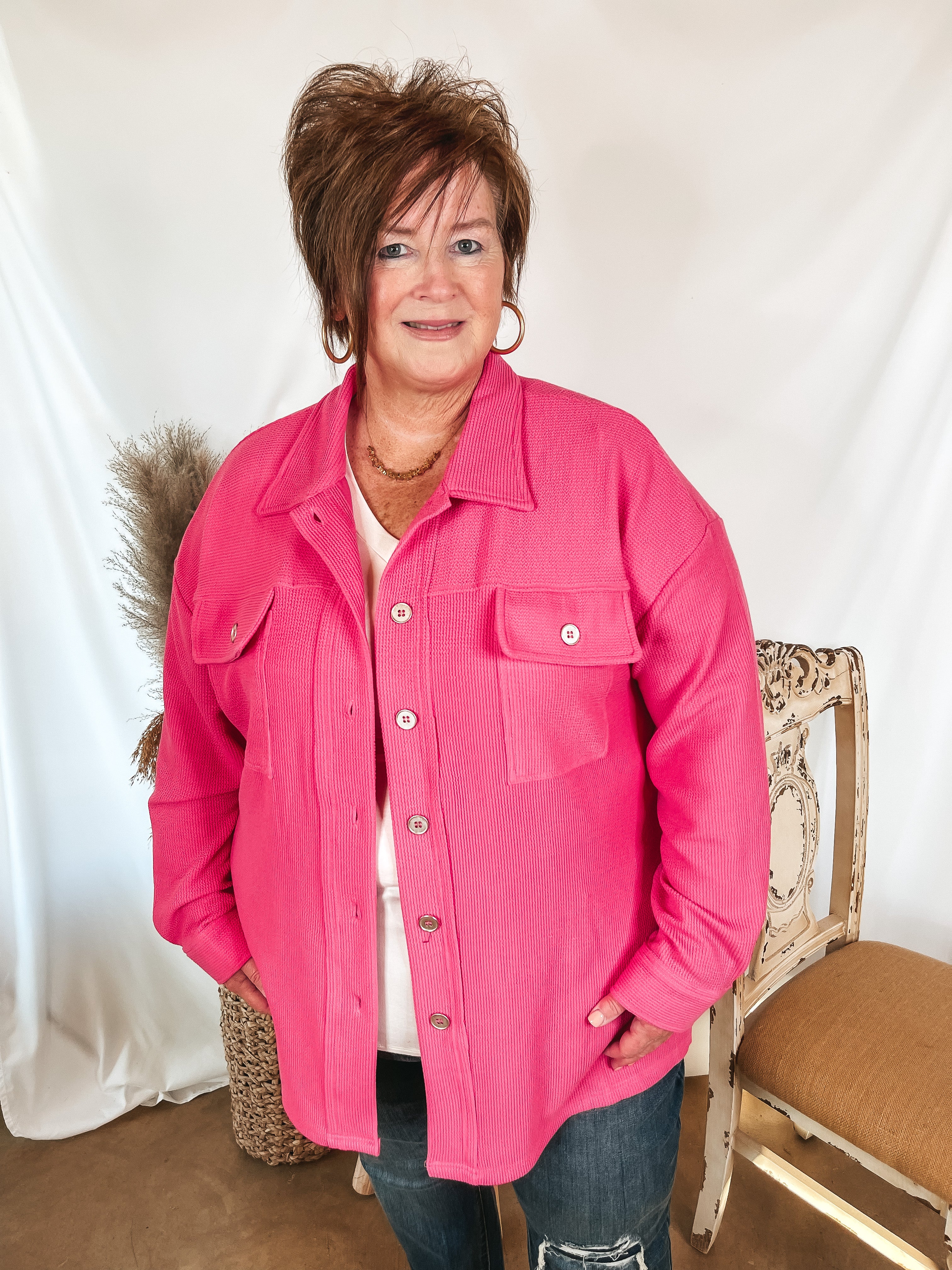 Say Less Button Up Knit Shacket in Fuchsia Pink - Giddy Up Glamour Boutique