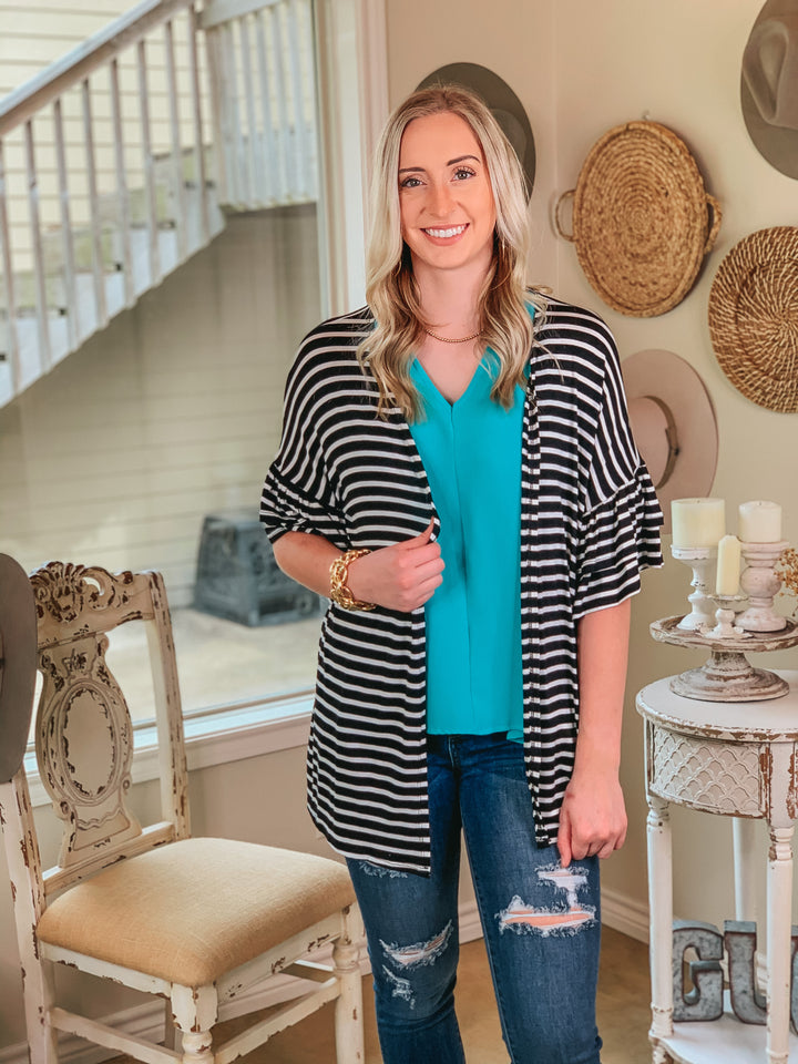 Cross My Mind Stripe Cardigan with Ruffle Sleeves in Black - Giddy Up Glamour Boutique