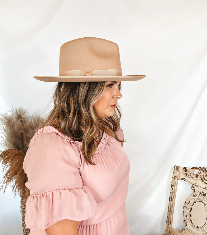 GiGi Pip | Monroe Wool Felt Rancher Hat with Ribbon Band in Nude - Giddy Up Glamour Boutique