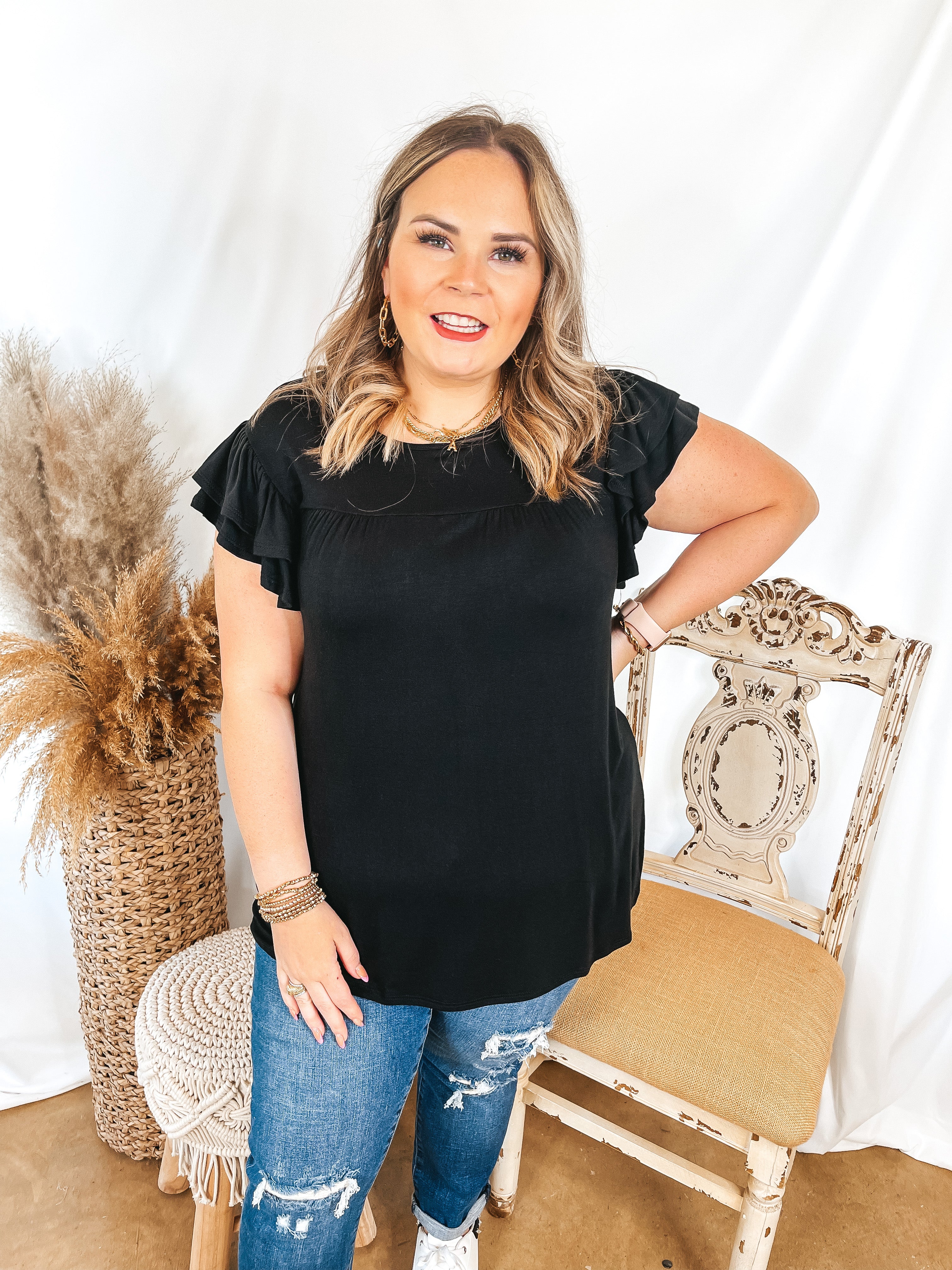 No Troubles Ruffle Sleeve Babydoll Top in Black - Giddy Up Glamour Boutique
