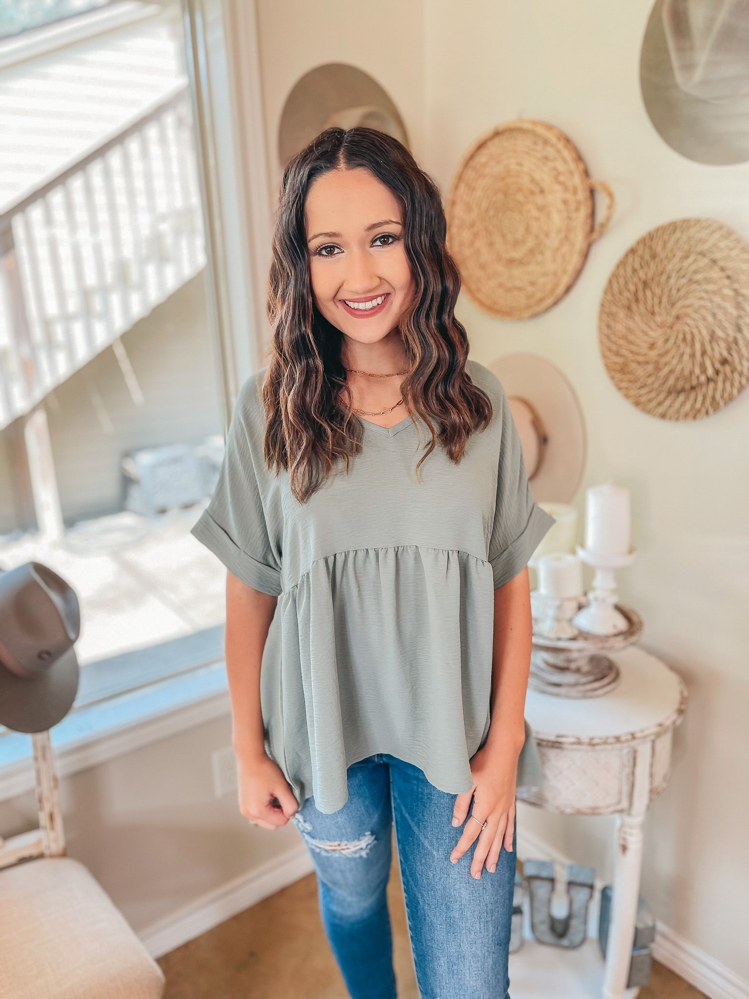 Touring the City Short Sleeve V Neck Babydoll Top in Sage Green - Giddy Up Glamour Boutique