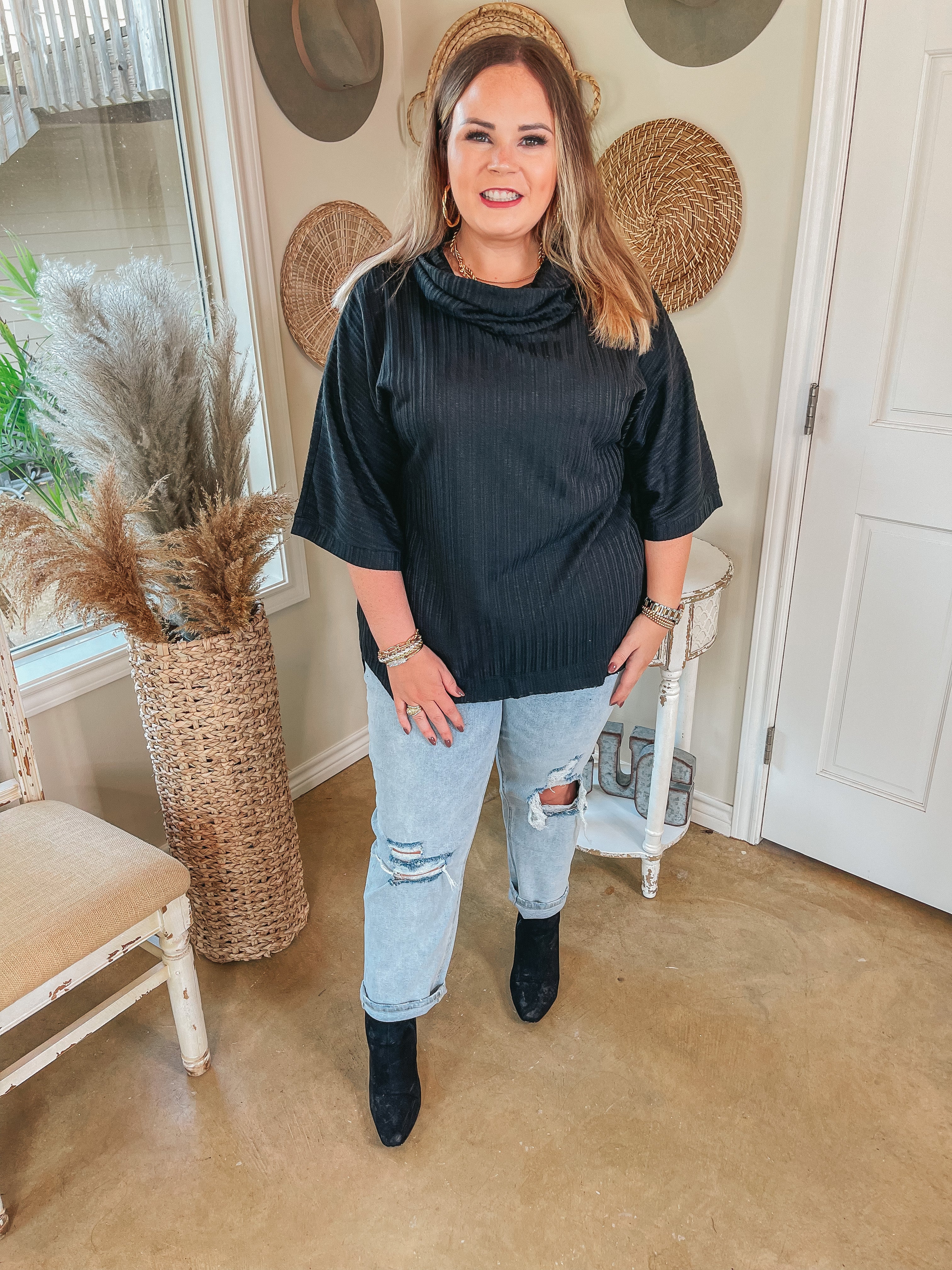 Always Carefree Ribbed Cowl Neck Poncho Top in Black - Giddy Up Glamour Boutique