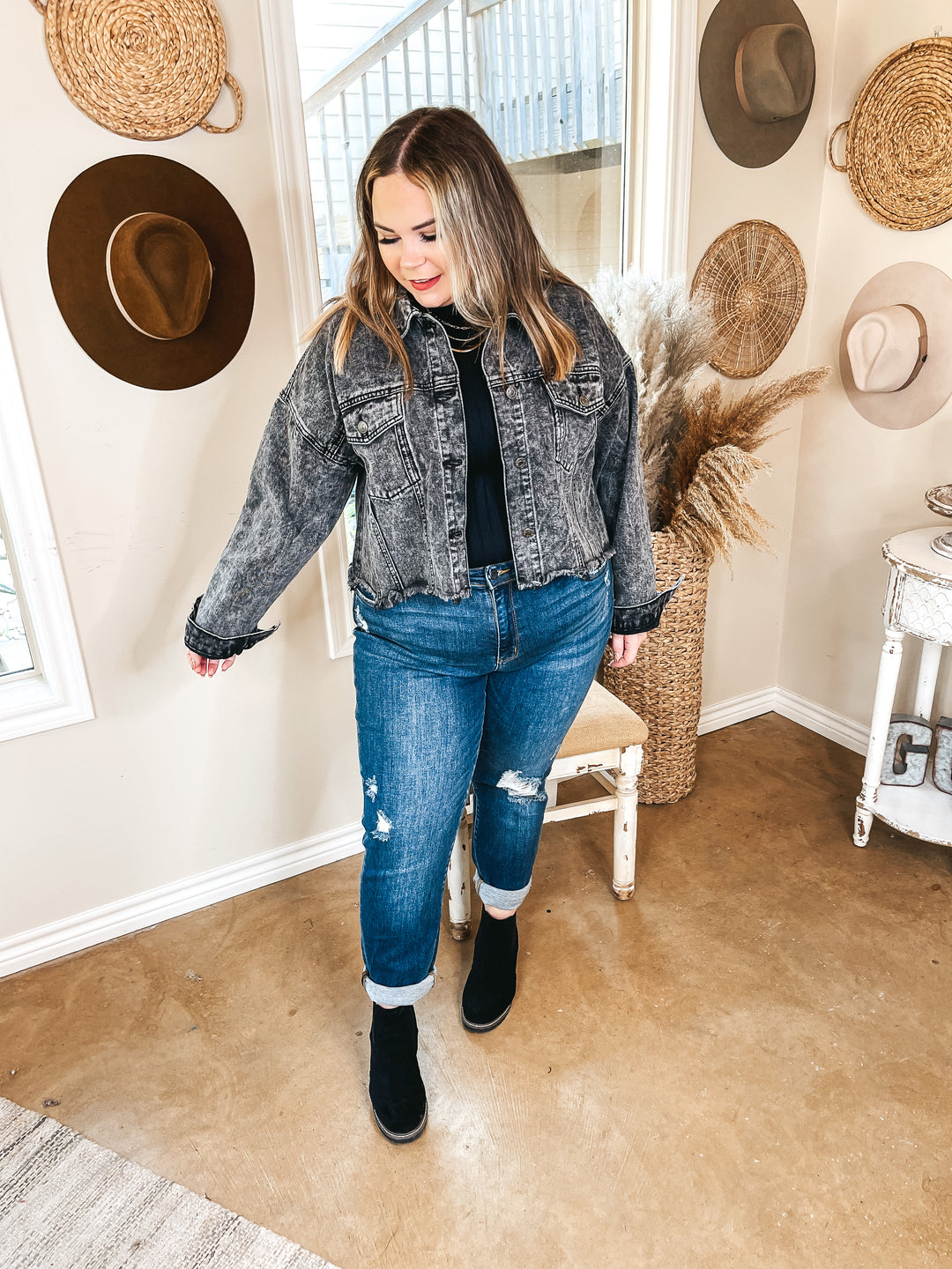 Nashville Nightlife Crystal Fringe Cropped Denim Jacket in Black Wash - Giddy Up Glamour Boutique