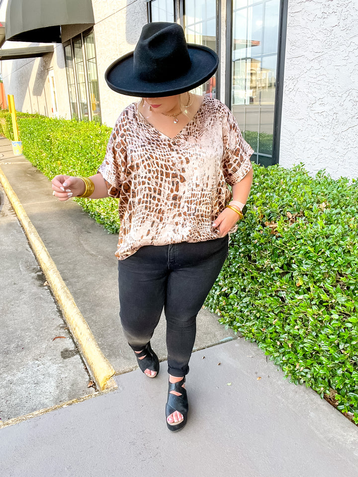 Ready To Remix Crocodile Print Satin Top with Short Sleeves in Brown Mix - Giddy Up Glamour Boutique