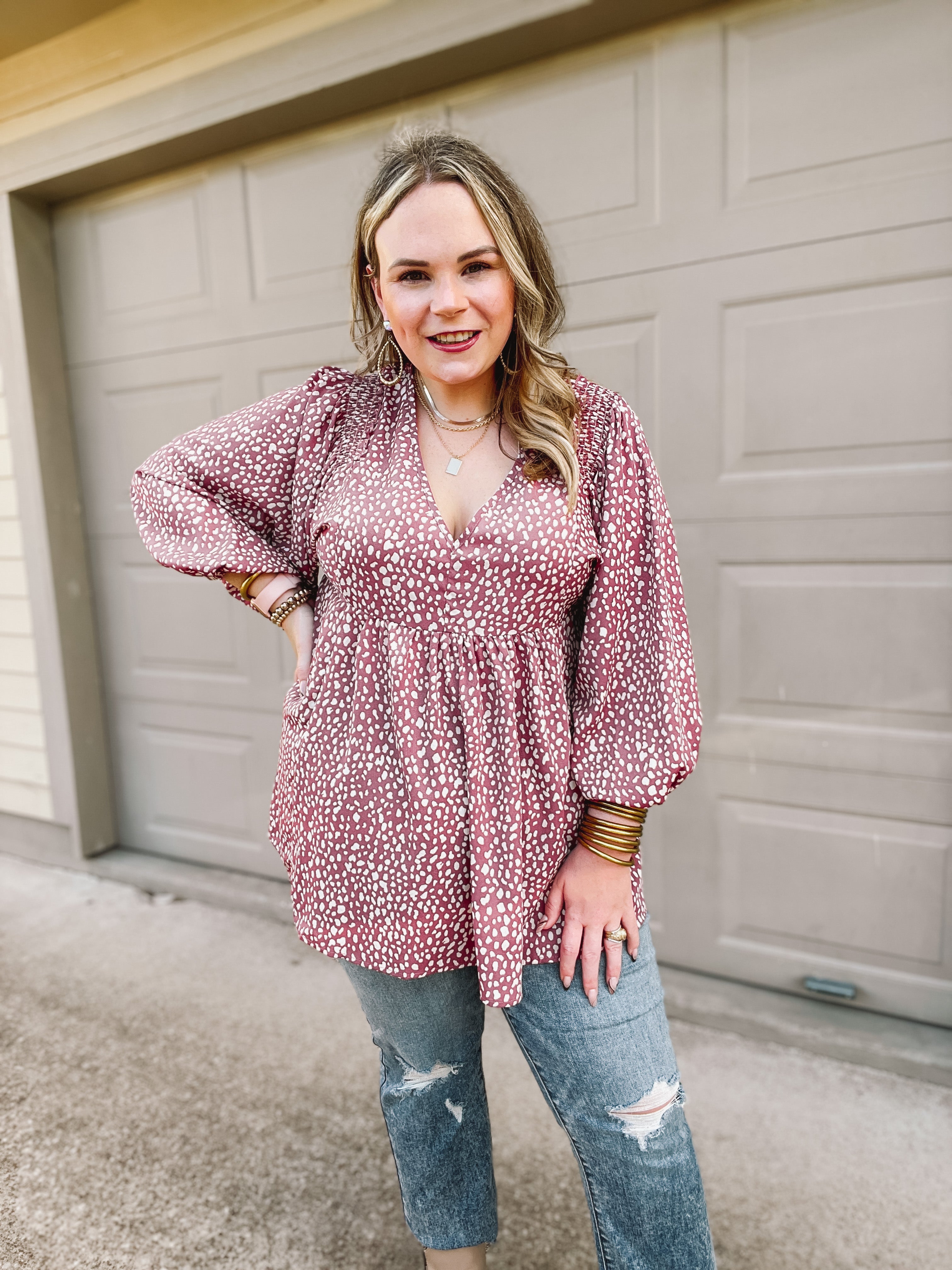 Charming Day Dotted Babydoll Top with Ruched Shoulders in Mauve - Giddy Up Glamour Boutique