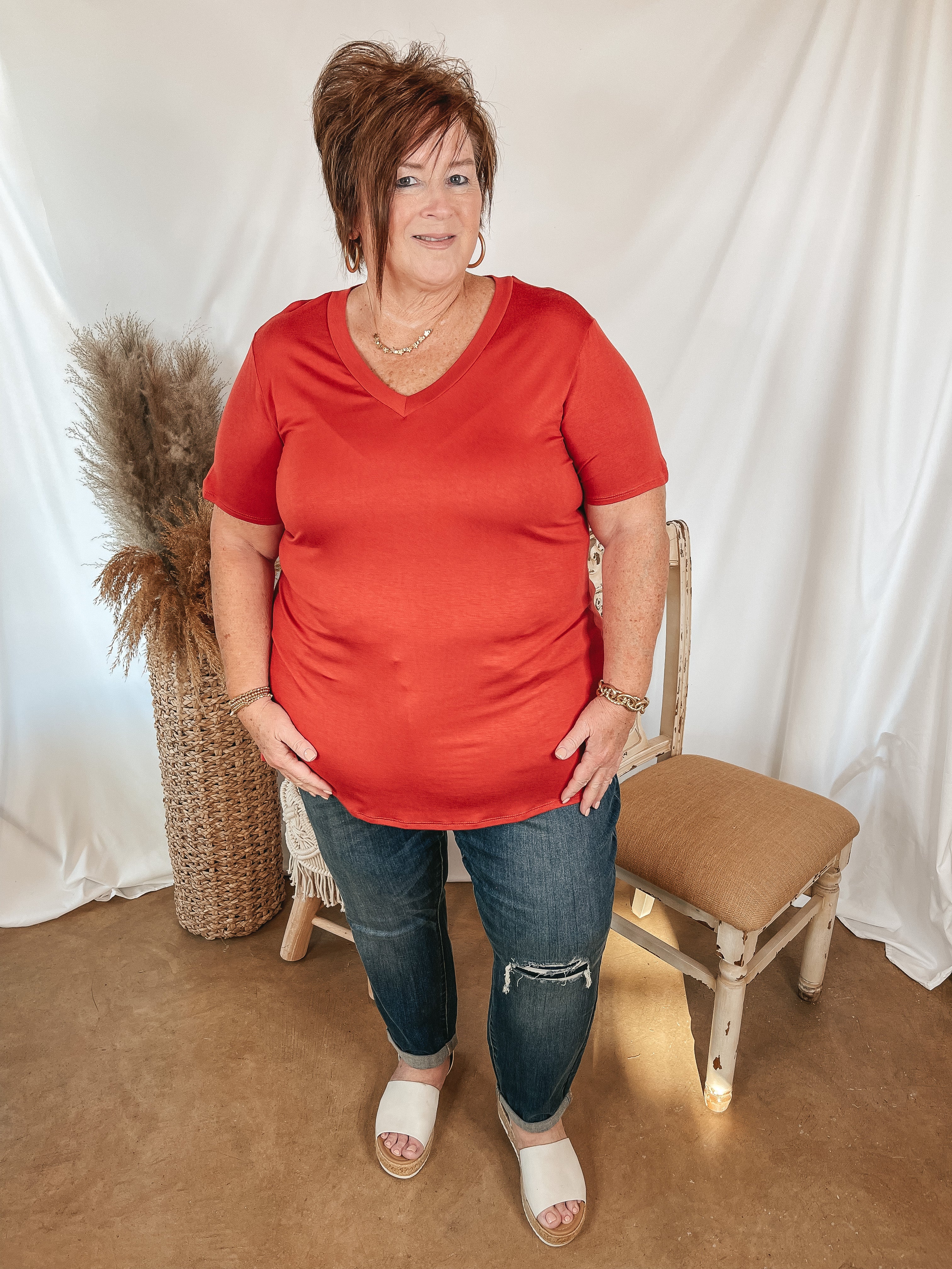 It's That Simple Solid V Neck Tee in Red Orange - Giddy Up Glamour Boutique