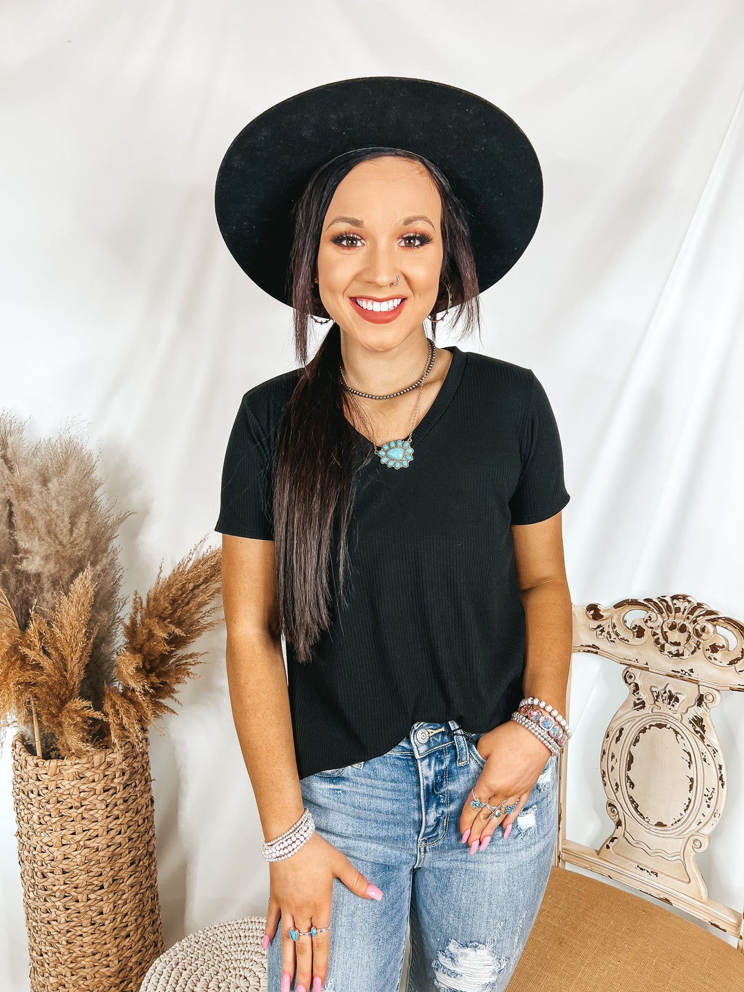 Simply Obsessed Ribbed Short Sleeve V Neck Top in Black - Giddy Up Glamour Boutique