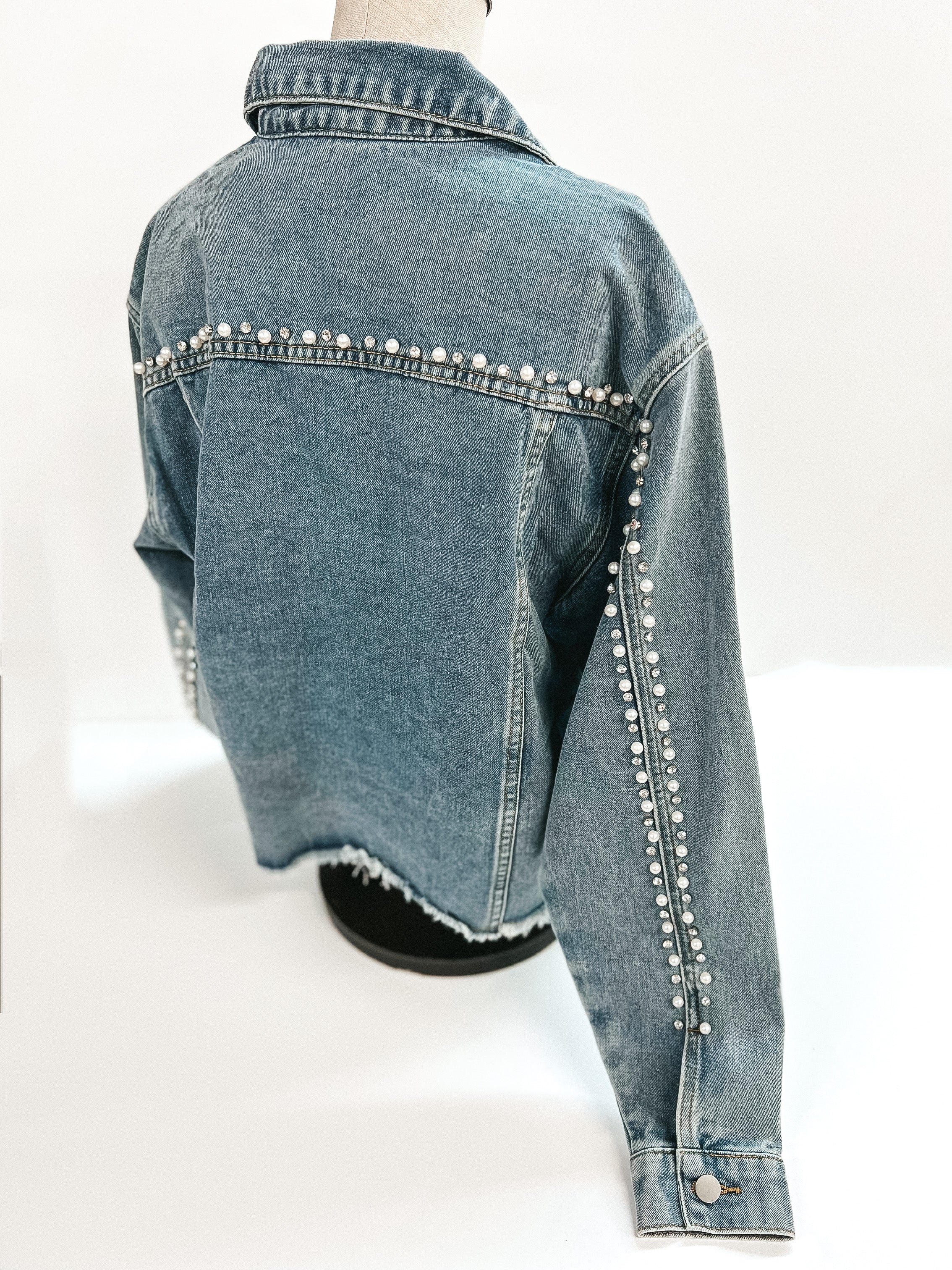 Better Than You Imagined Pearl and Crystal Beaded Denim Jacket in Medium Wash - Giddy Up Glamour Boutique