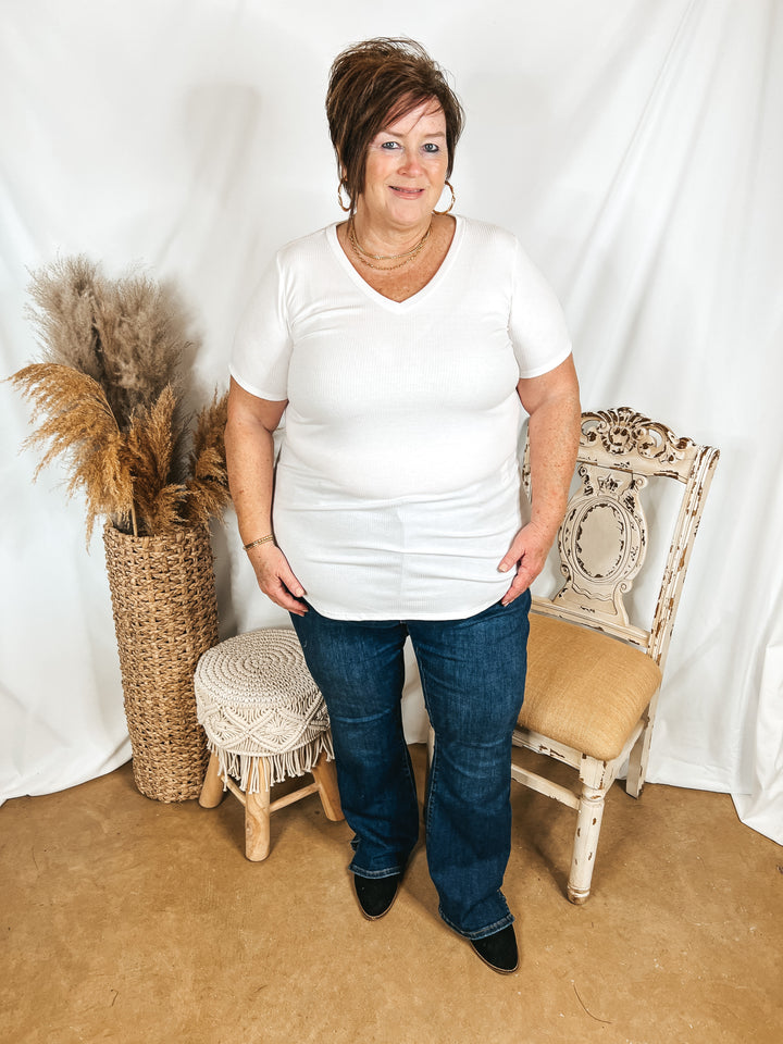 Simply Obsessed Ribbed Short Sleeve V Neck Top in Off White - Giddy Up Glamour Boutique