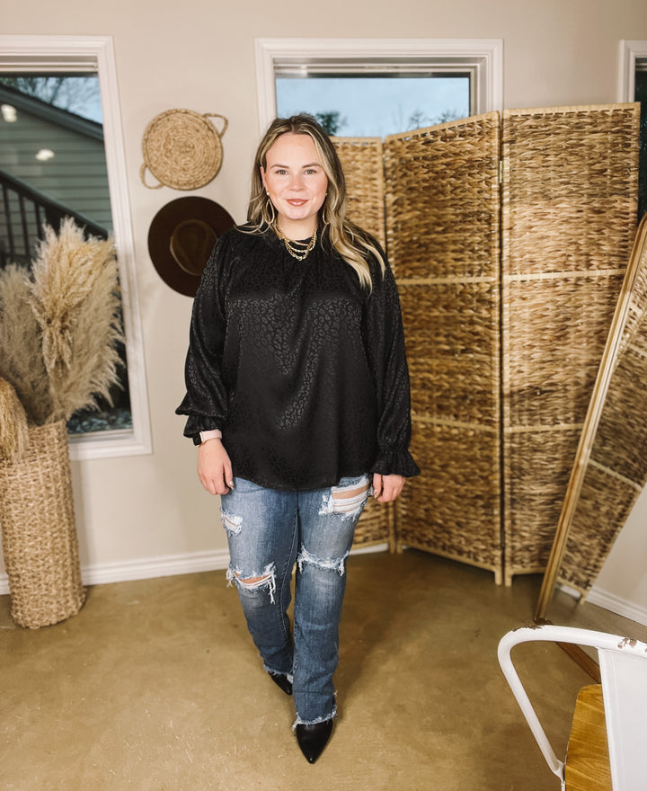 Mood Setter Ruffle Mock Neck Long Sleeve Leopard Print Satin Top in Black - Giddy Up Glamour Boutique