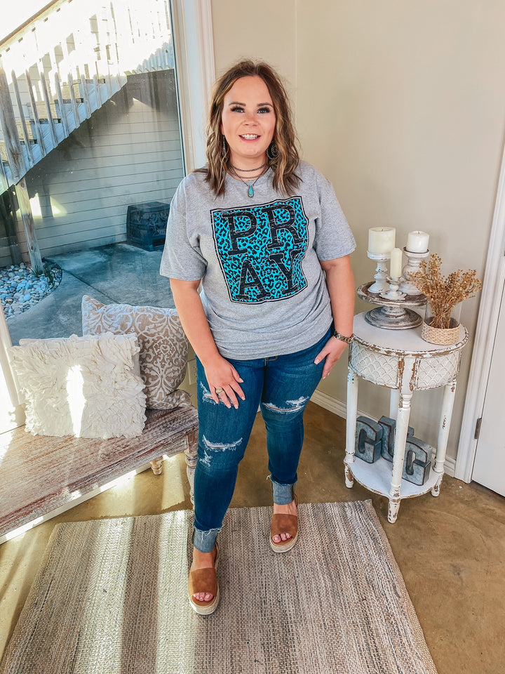 Last Chance Size Small & Med. | Pray Turquoise Leopard Short Sleeve Graphic Tee in Heather Grey - Giddy Up Glamour Boutique