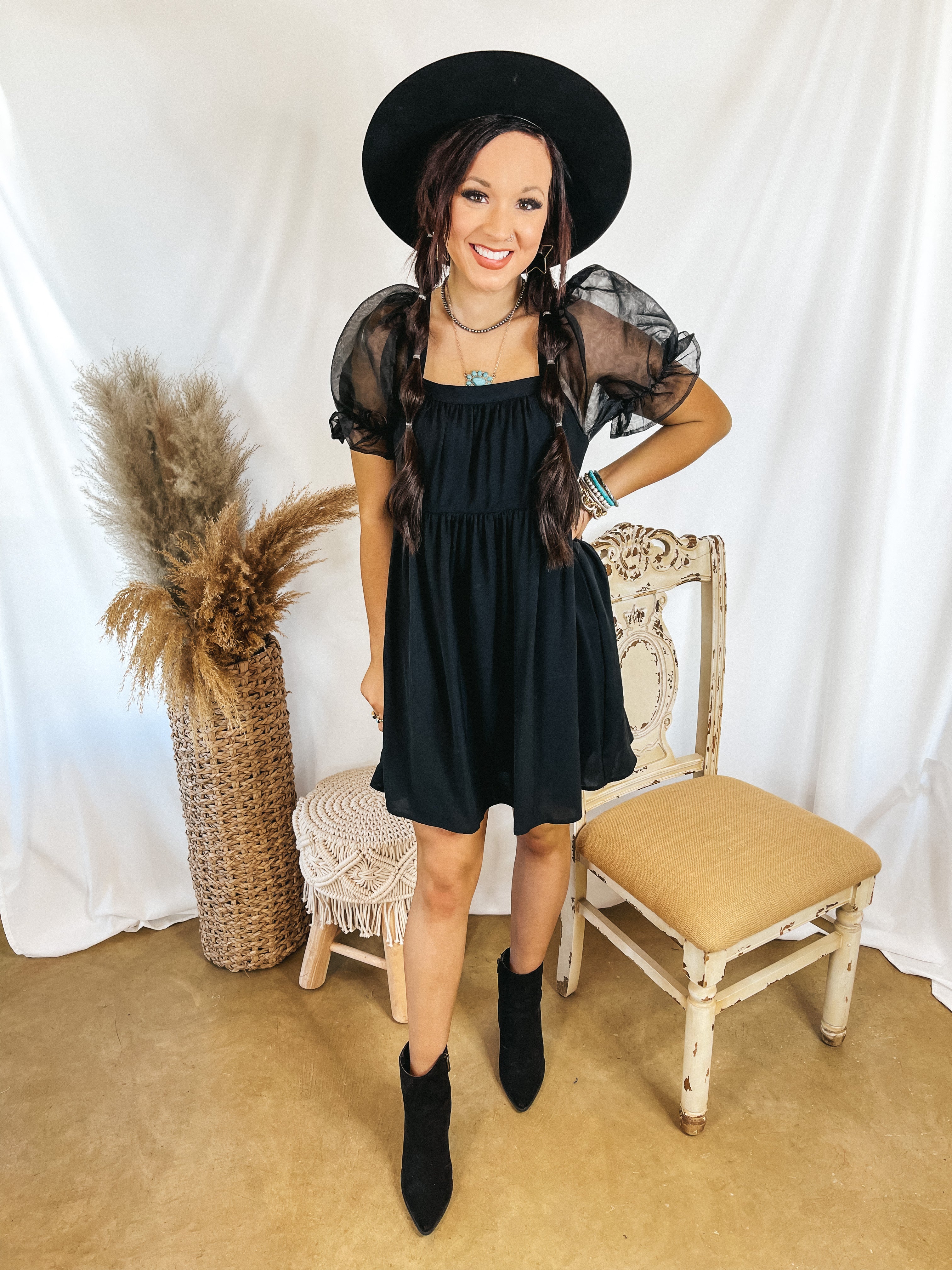 Seasonal Spice Puff Sleeve Babydoll Dress in Black - Giddy Up Glamour Boutique