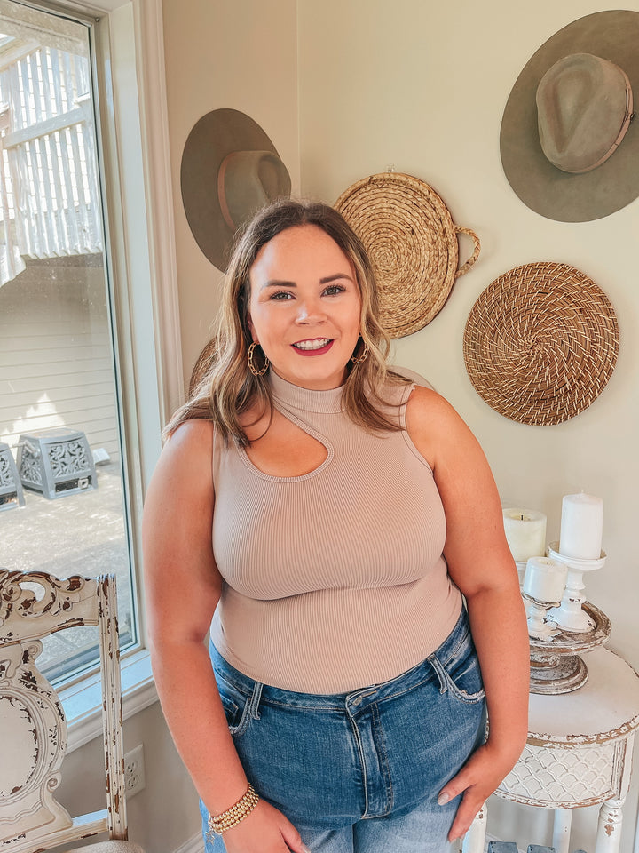 All The Drama Mockneck Cut Out Crop Tank Top in Taupe - Giddy Up Glamour Boutique