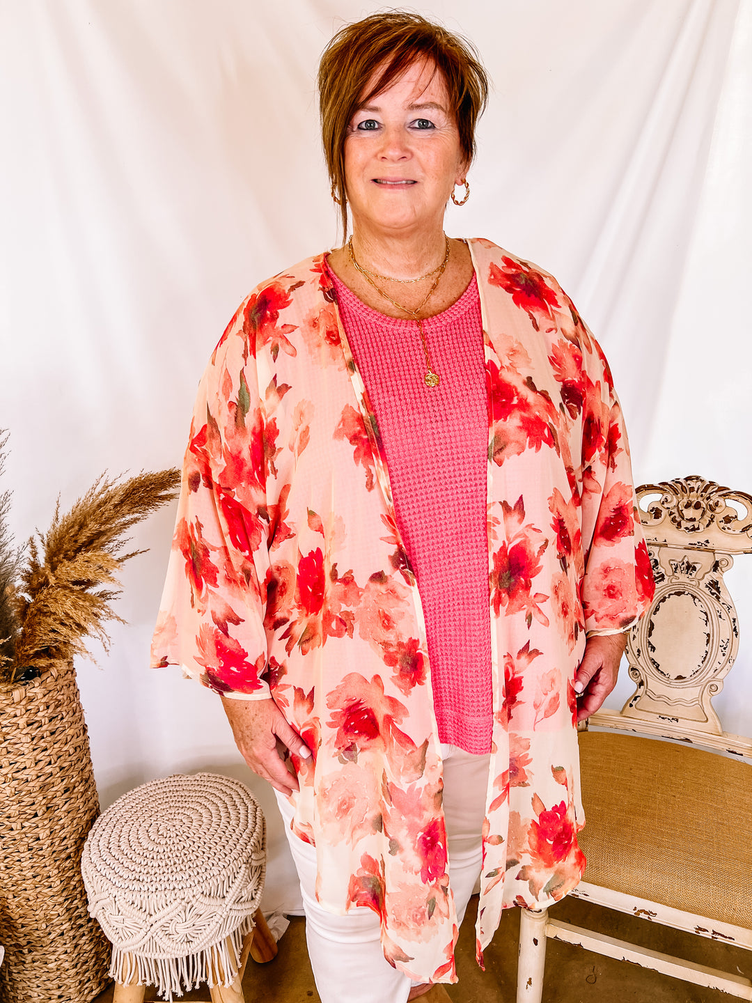 Cabana Hour Open Front Floral Kimono in Ivory and Pink - Giddy Up Glamour Boutique