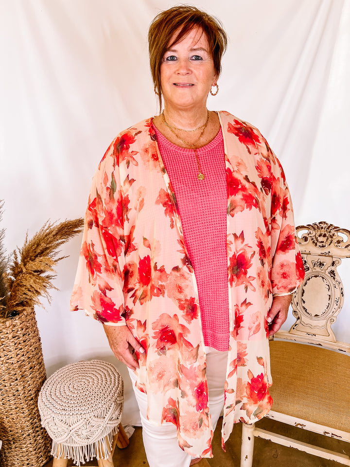 Cabana Hour Open Front Floral Kimono in Ivory and Pink - Giddy Up Glamour Boutique
