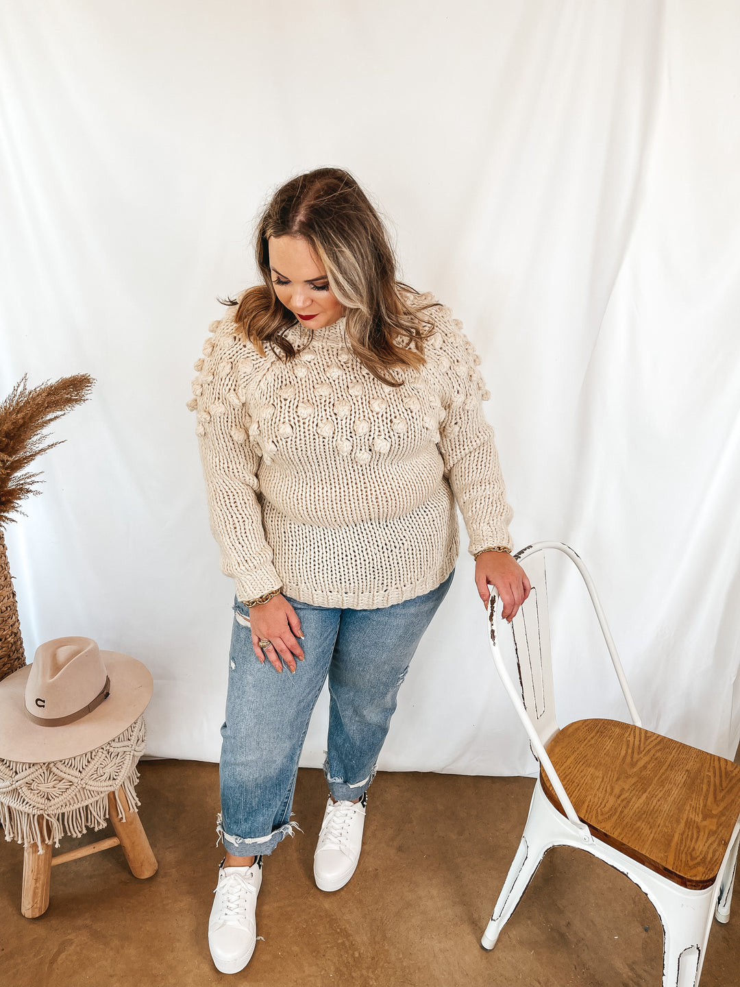 Puff of Magic High Neck Sweater with Pom-Pom Upper in Ivory - Giddy Up Glamour Boutique