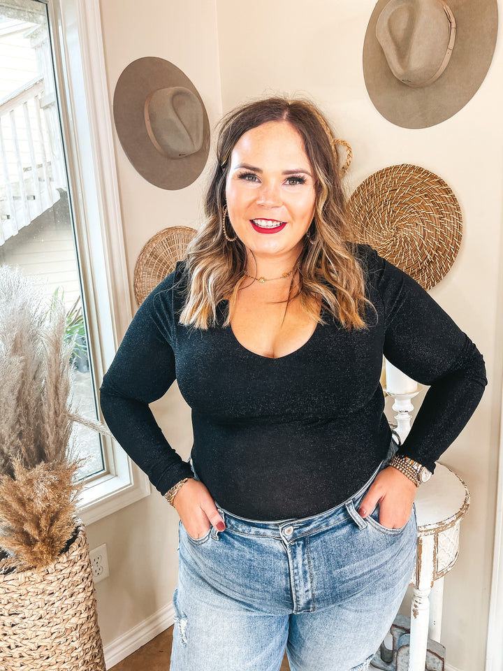 Stunning Views Long Sleeve V Neck Glitz Bodysuit with Shoulder Pads in Black - Giddy Up Glamour Boutique