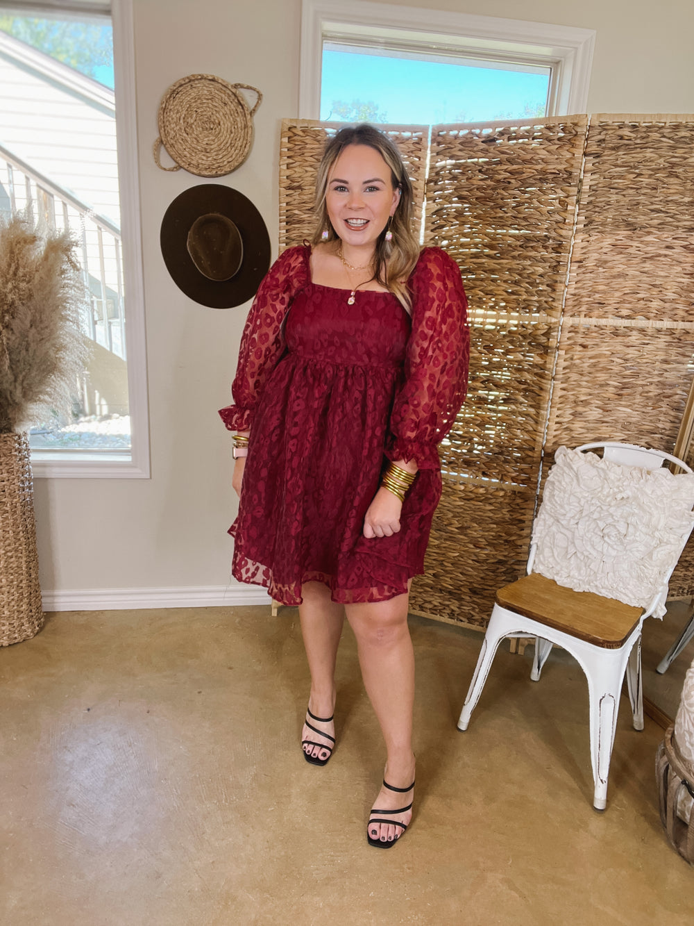 Whirl The Night Away Sheer Leopard Print Dress with 3/4 Sleeves in Maroon - Giddy Up Glamour Boutique