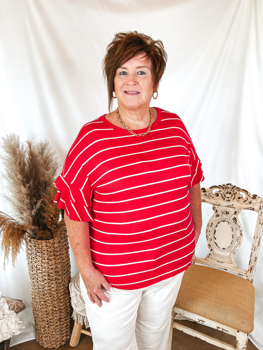 Set The Standard Striped Top with Short Ruffle Sleeves in Red - Giddy Up Glamour Boutique