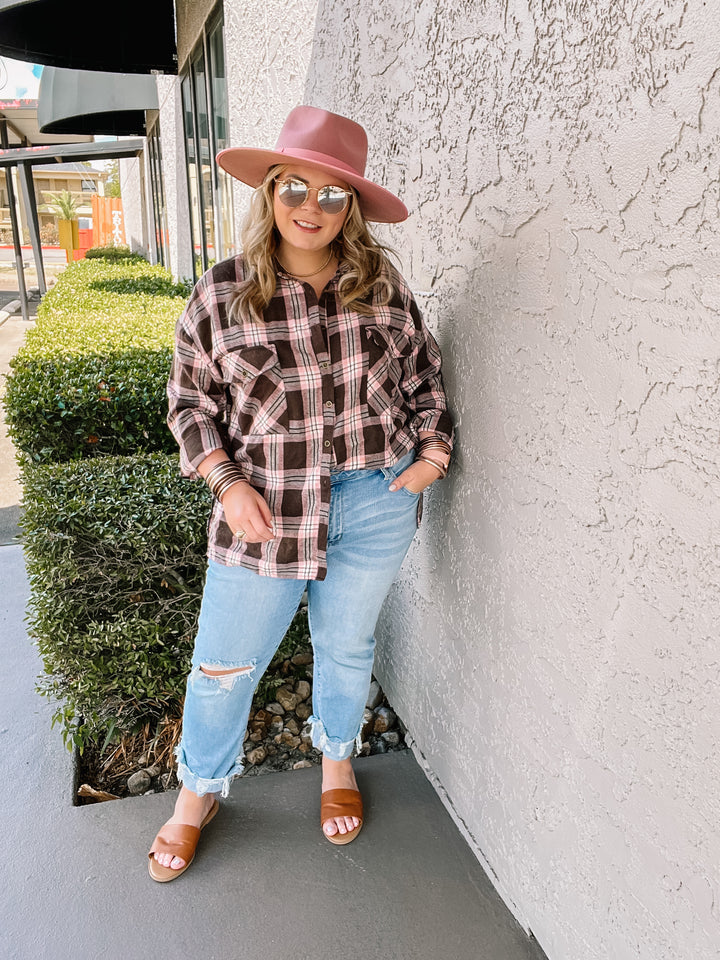 Cheery Mood Button Up Plaid Flannel Top in Pink and Brown - Giddy Up Glamour Boutique