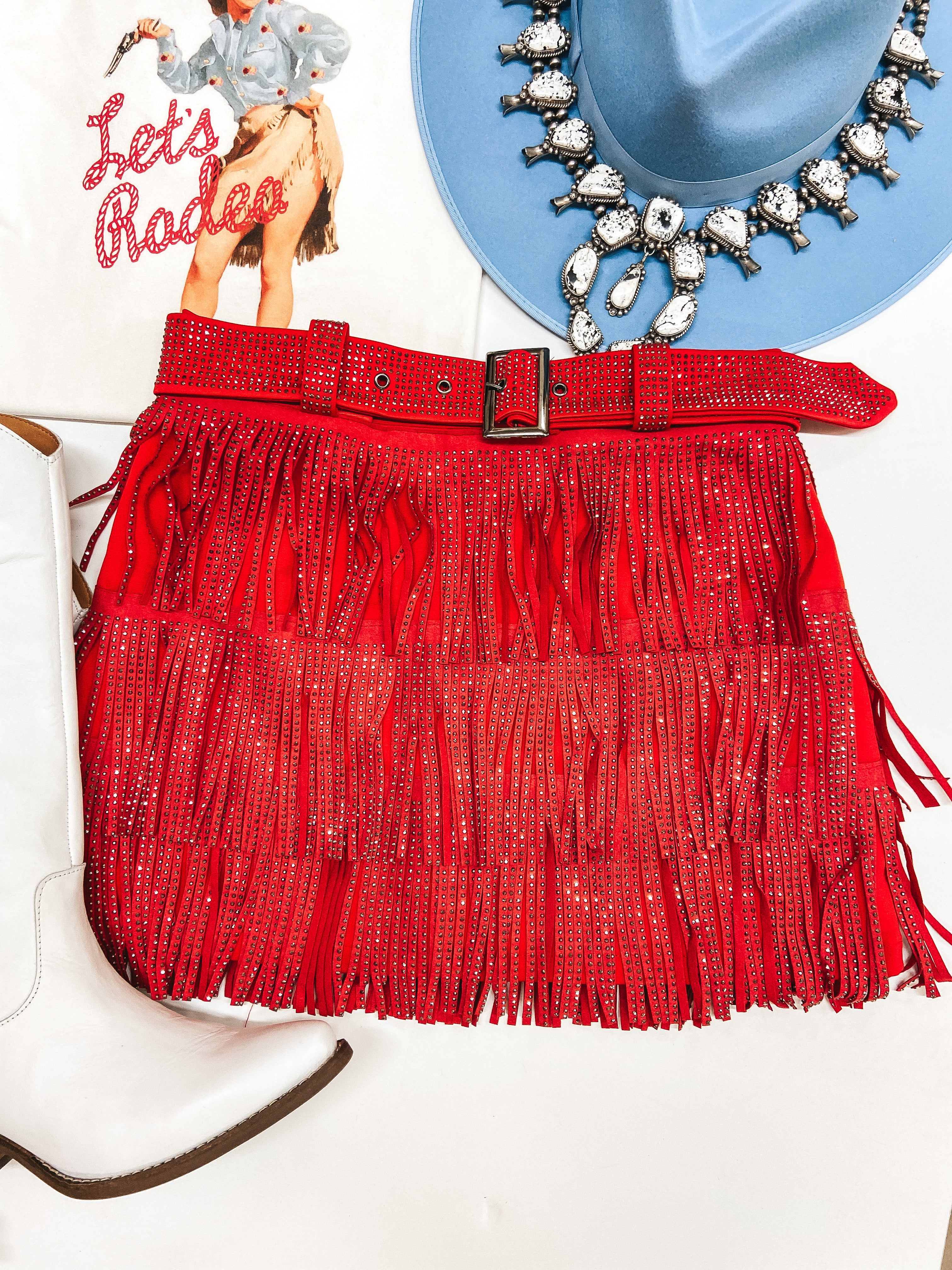 Cowboy Killer Crystal Fringe Mini Skort in Red - Giddy Up Glamour Boutique
