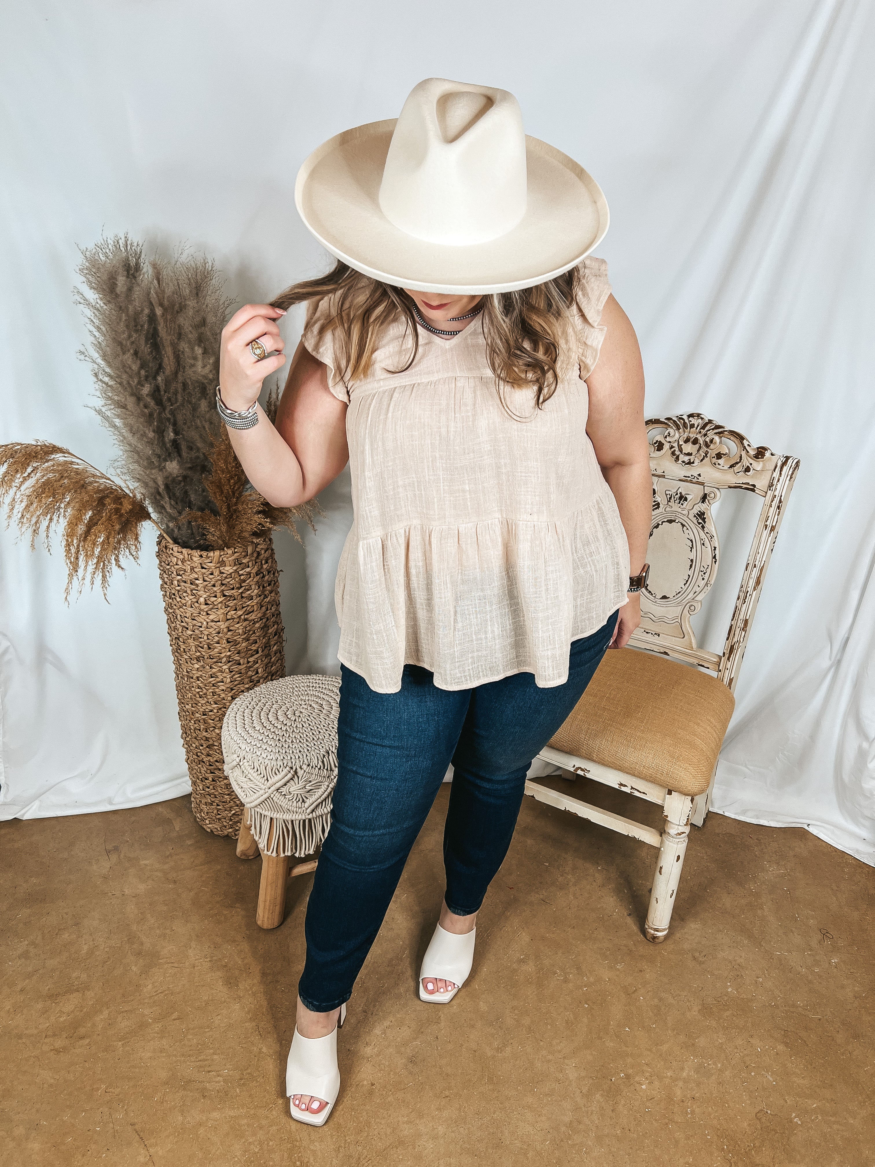 Stay Wonderful Solid Tiered Top with Ruffle Cap Sleeves in Natural - Giddy Up Glamour Boutique