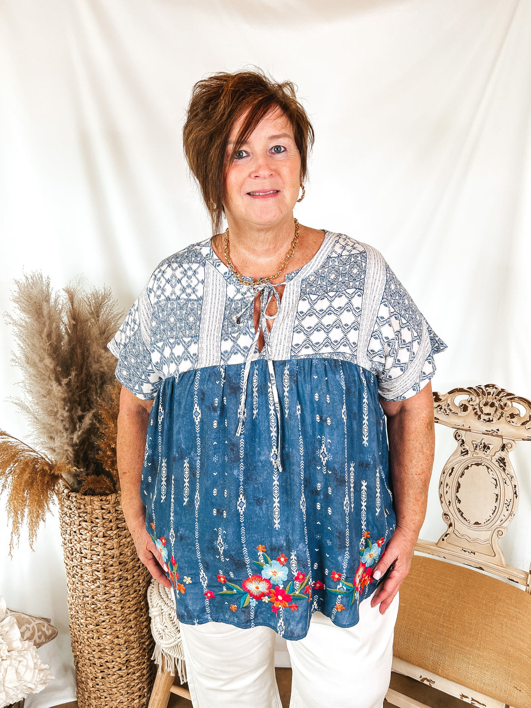 Fun Details Tribal Print Babydoll Top with Floral Embroidery in Blue - Giddy Up Glamour Boutique