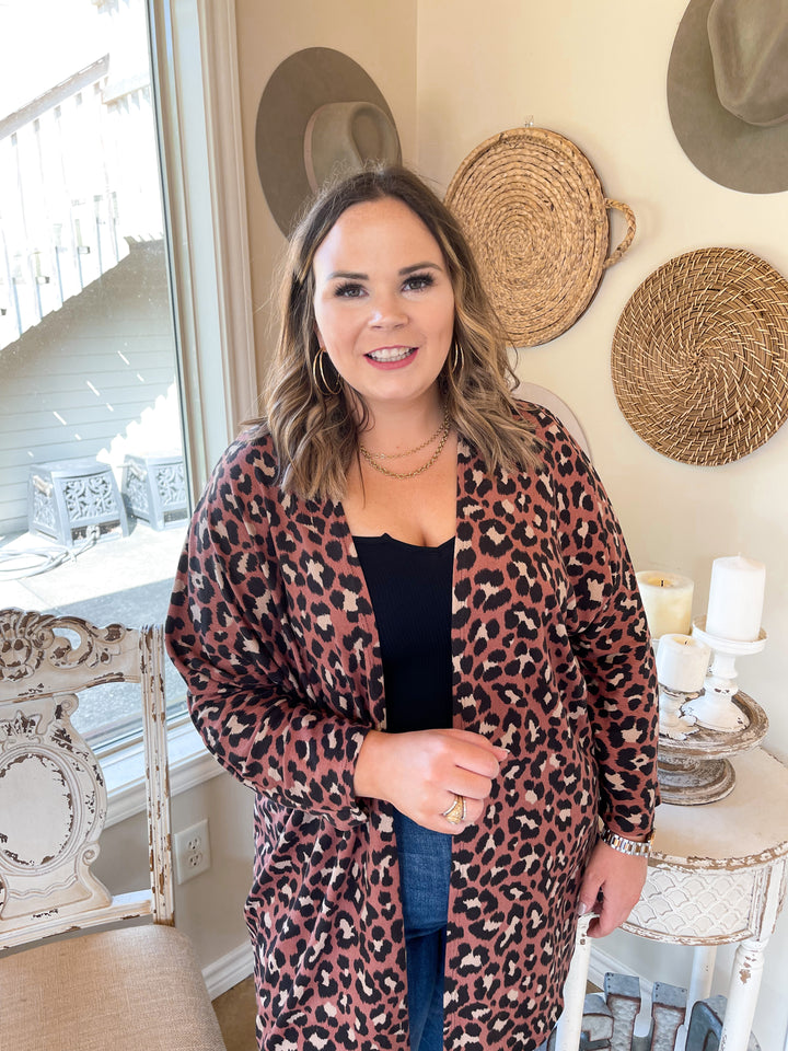 Let's Be Real Open Front 3/4 Sleeve Leopard Cardigan in Mauve - Giddy Up Glamour Boutique