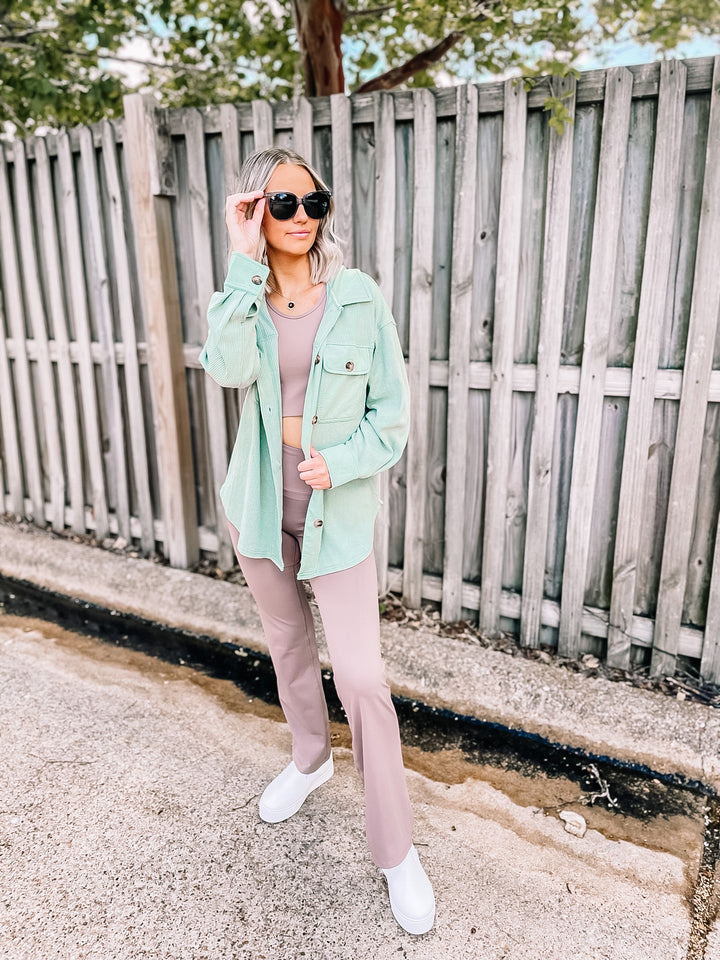 A Place To Unwind Button Up Waffle Knit Shacket in Sage Green - Giddy Up Glamour Boutique