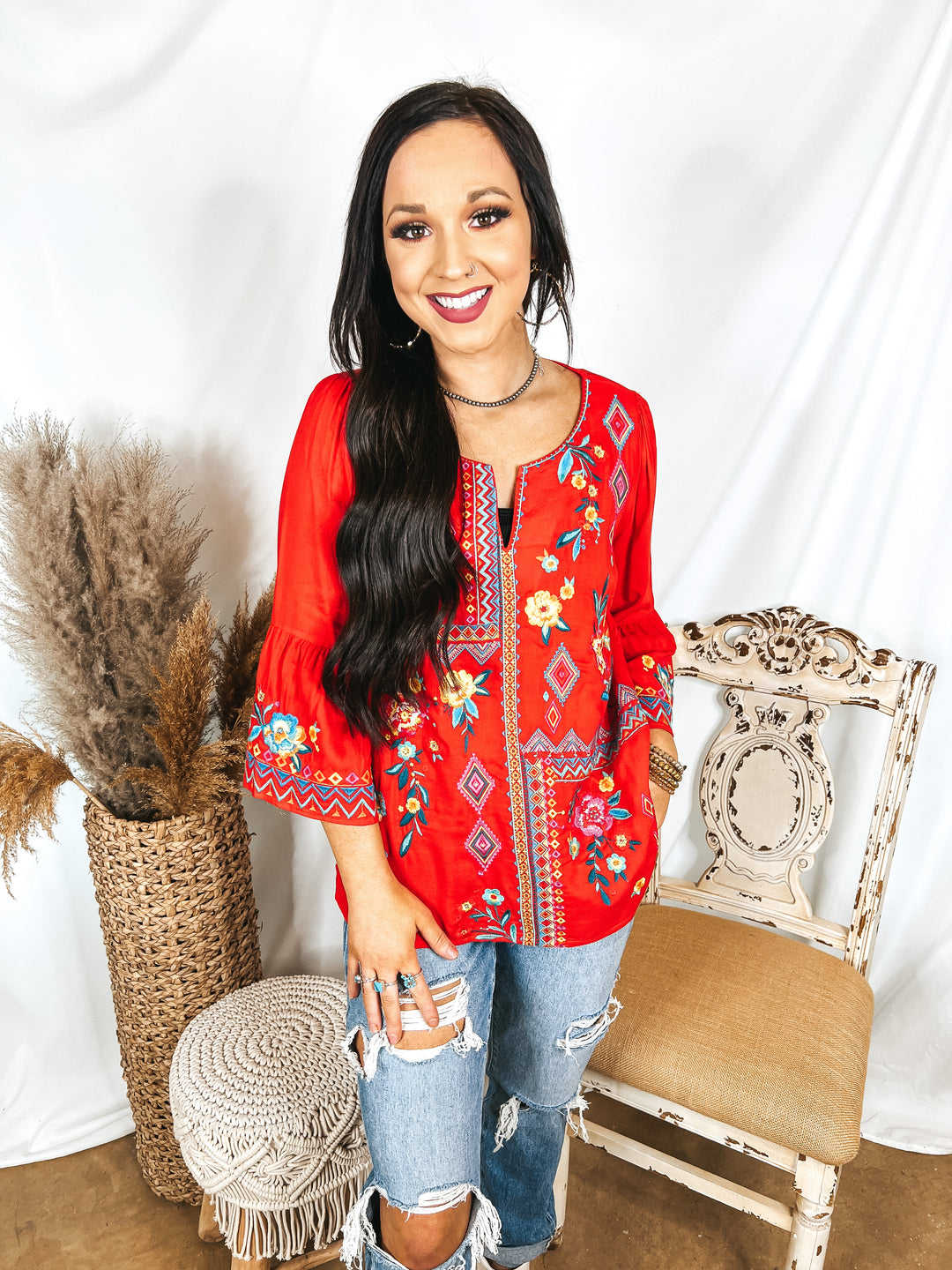 Light the Way 3/4 Sleeve Embroidered Top with Notched Neck in Red - Giddy Up Glamour Boutique