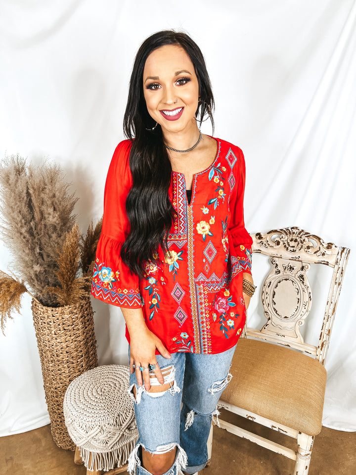 Light the Way 3/4 Sleeve Embroidered Top with Notched Neck in Red - Giddy Up Glamour Boutique