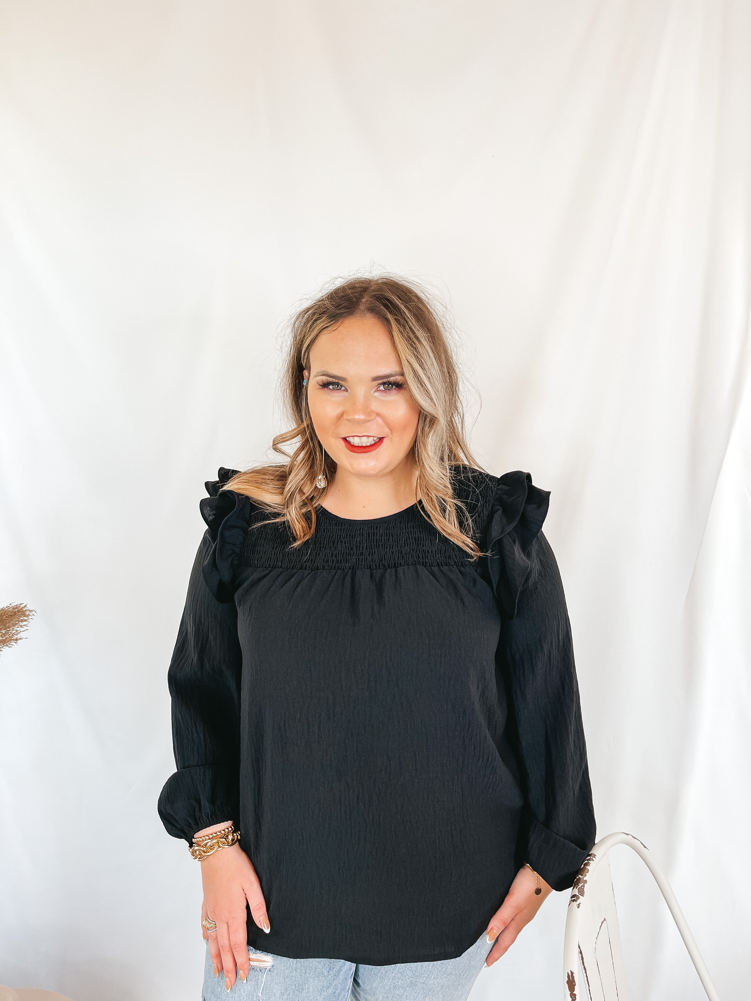 Balcony Nights Ruffle Shoulder Long Sleeve Blouse in Black - Giddy Up Glamour Boutique