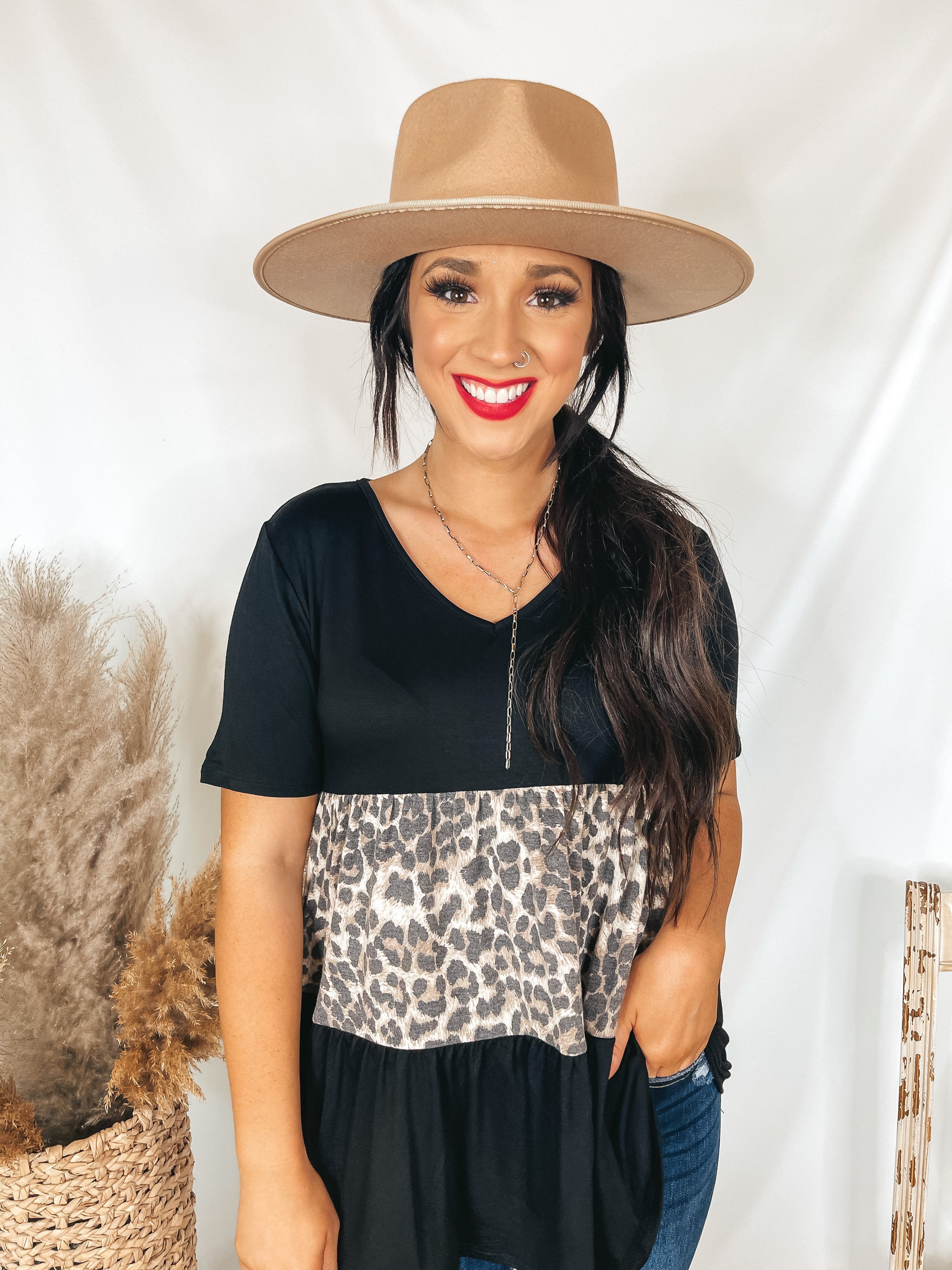 Send My Love Leopard Print Block Tiered Top in Black - Giddy Up Glamour Boutique