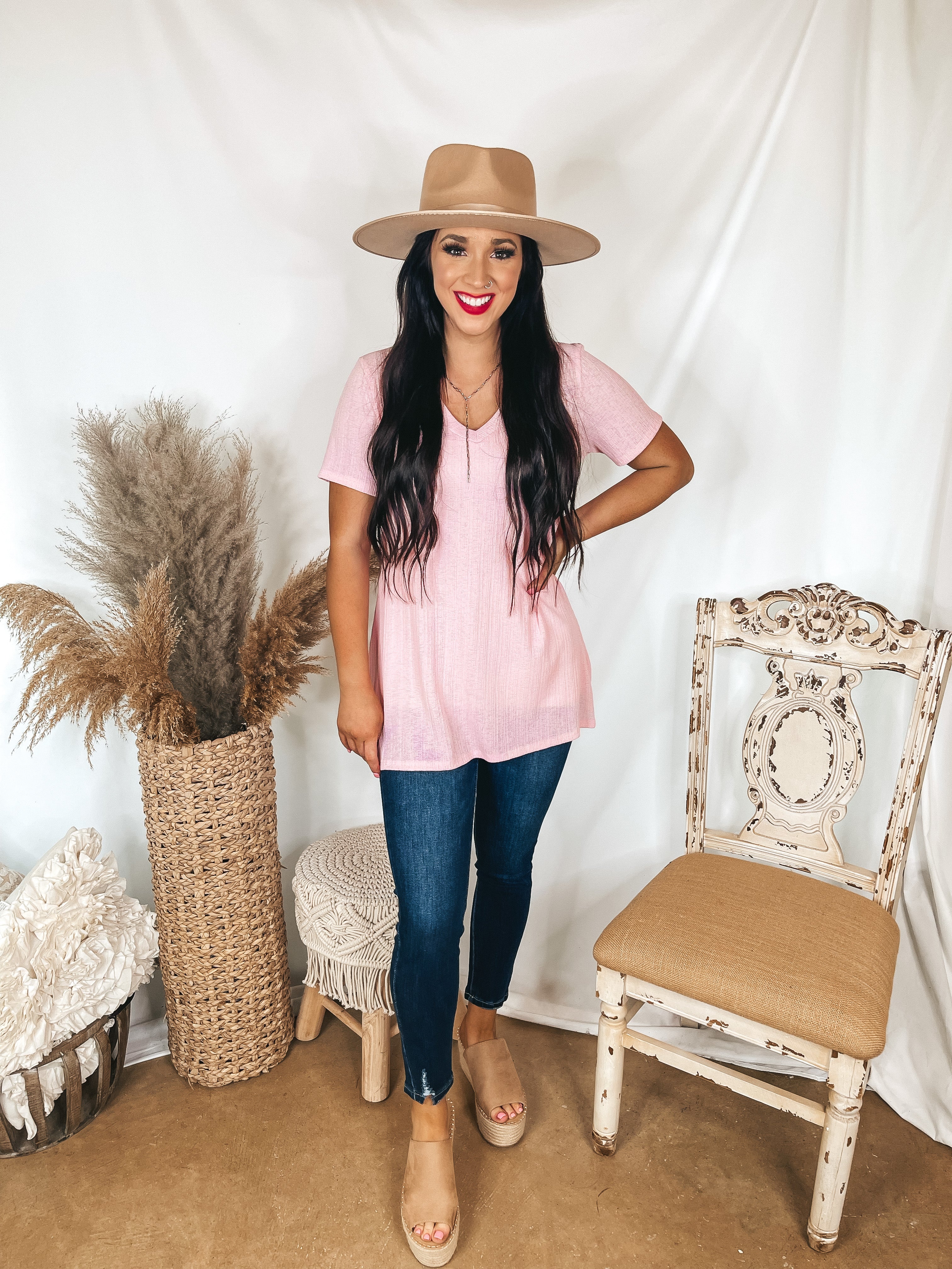 Looking For You Short Sleeve V Neck Top in Light Pink - Giddy Up Glamour Boutique