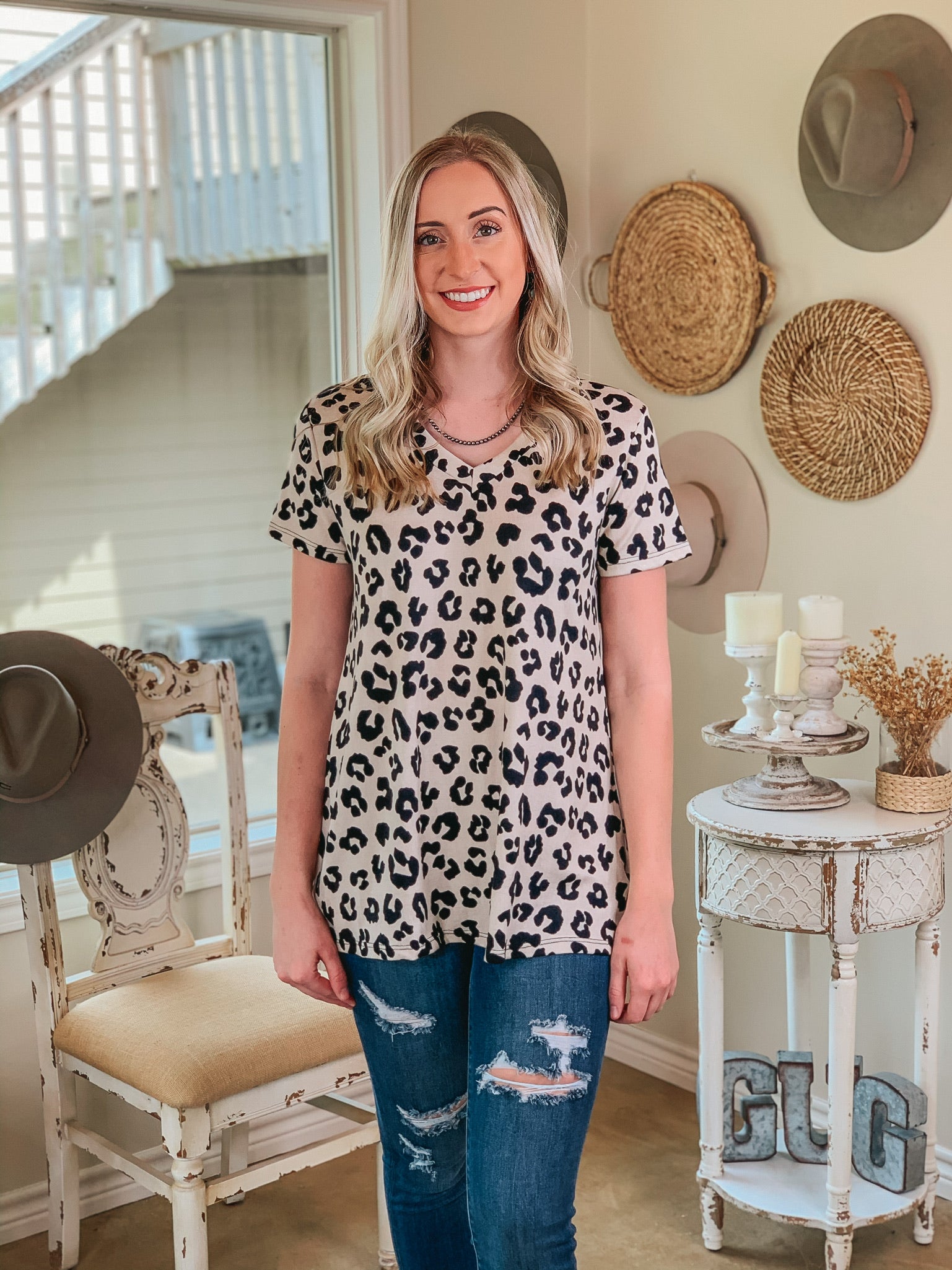 Keep Things Simple Leopard V Neck Tee Shirt in Beige - Giddy Up Glamour Boutique
