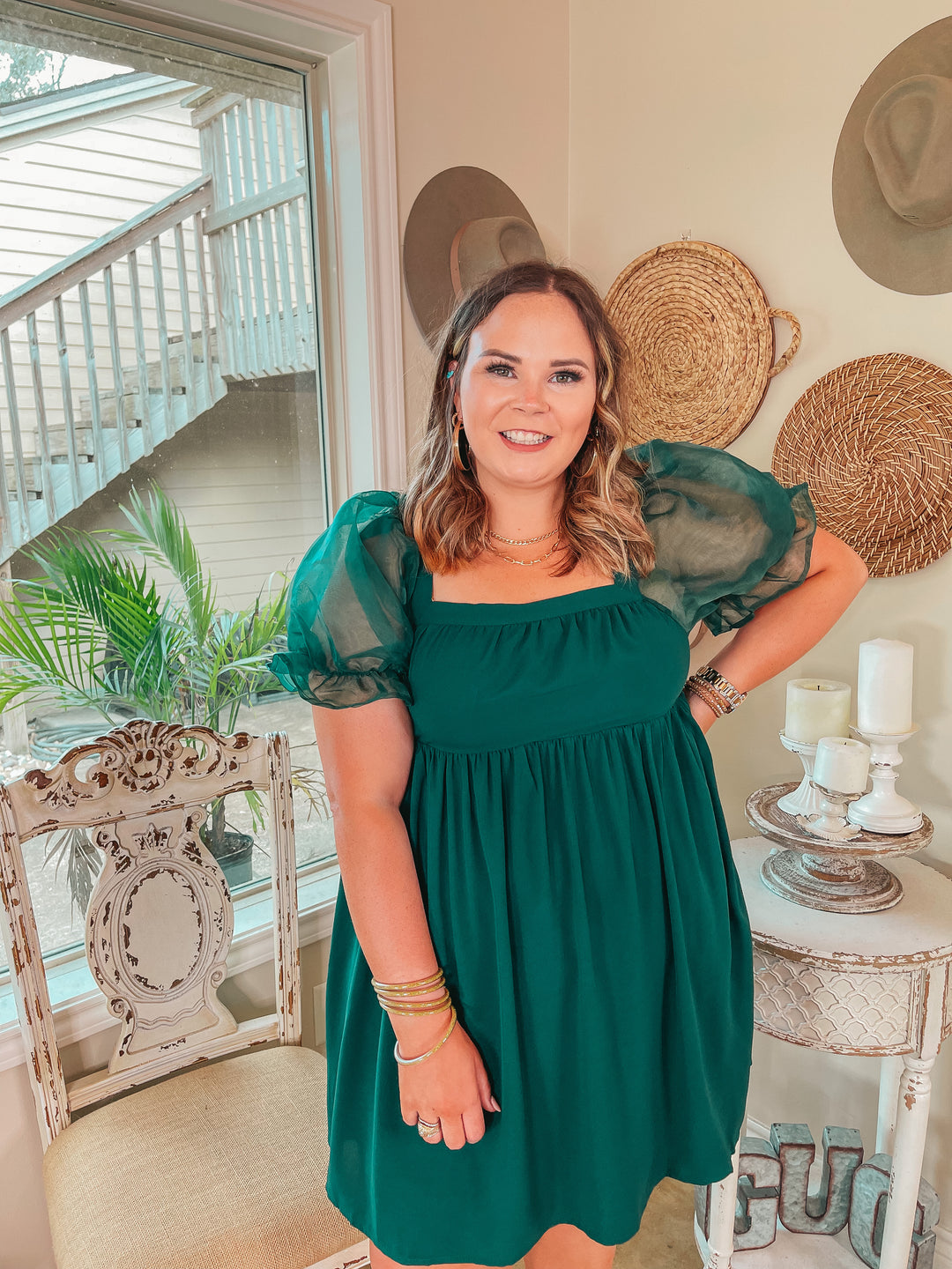 Seasonal Spice Puff Sleeve Babydoll Dress in Emerald Green - Giddy Up Glamour Boutique