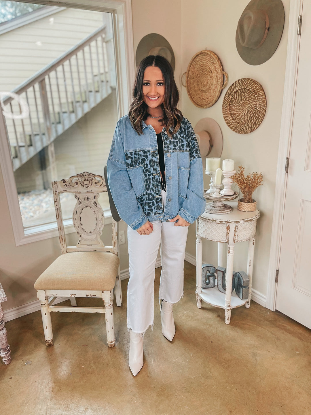 Plus Sizes | Downtown Dallas Large Pocket Leopard Mix Denim Jacket in Light Wash - Giddy Up Glamour Boutique
