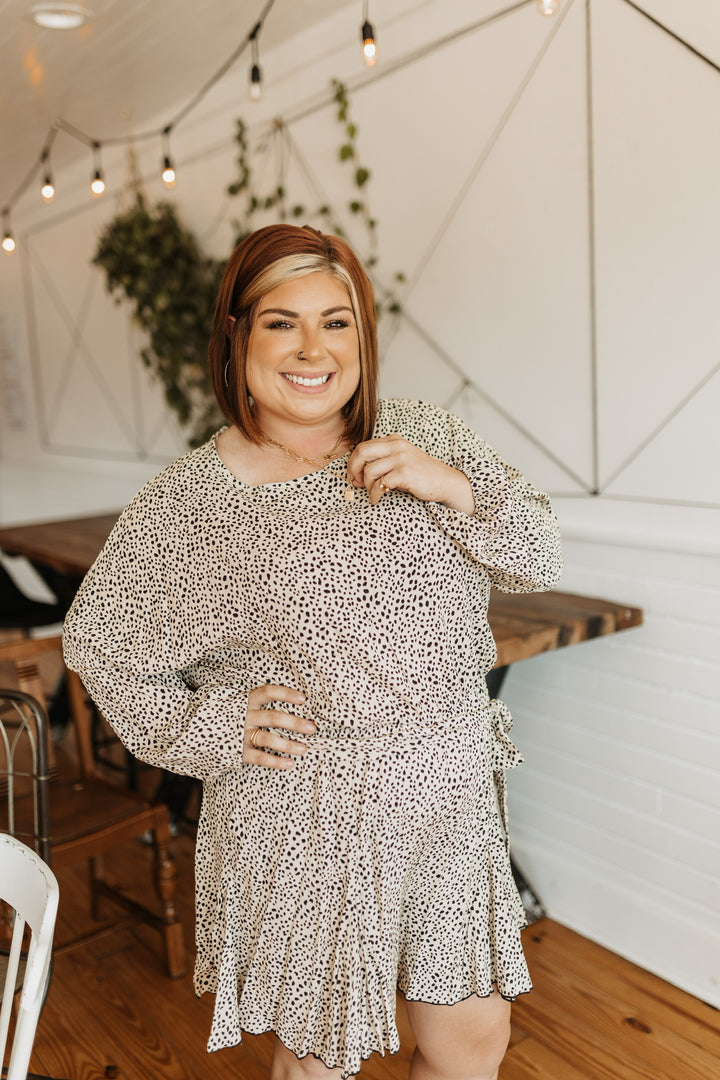Swift Moves Dotted Long Sleeve Romper with Waist Tie in Beige - Giddy Up Glamour Boutique