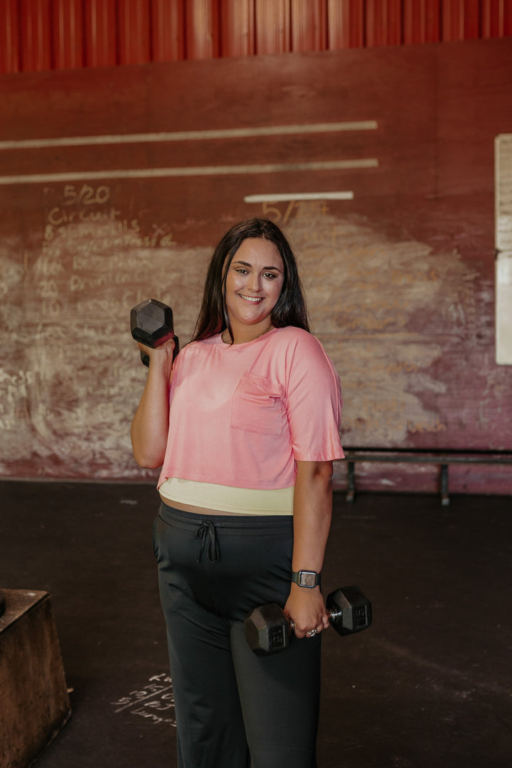 Work Hard Play Hard Short Sleeve Crop Pocket Tee in Coral - Giddy Up Glamour Boutique