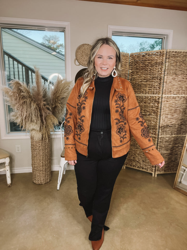 Downtown Elegance Floral Embroidered Suede Jacket with Studded Collar in Brown - Giddy Up Glamour Boutique