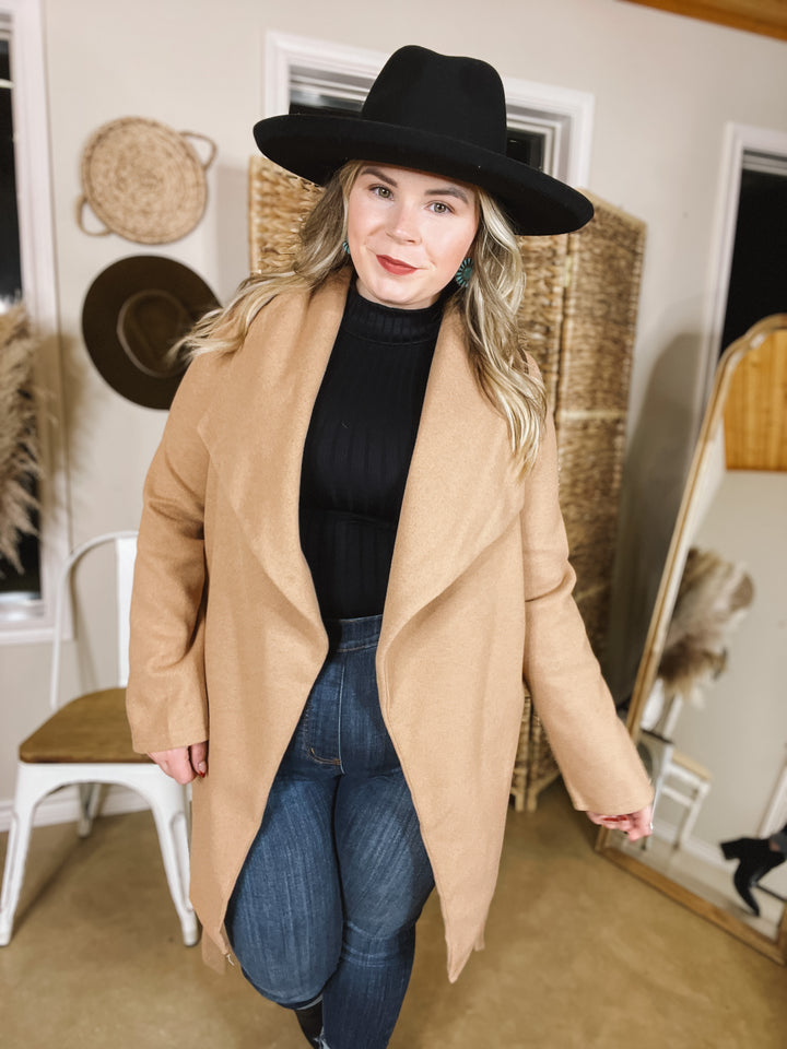 NYC Dreamer Open Front Jacket with Waist Tie in Tan - Giddy Up Glamour Boutique