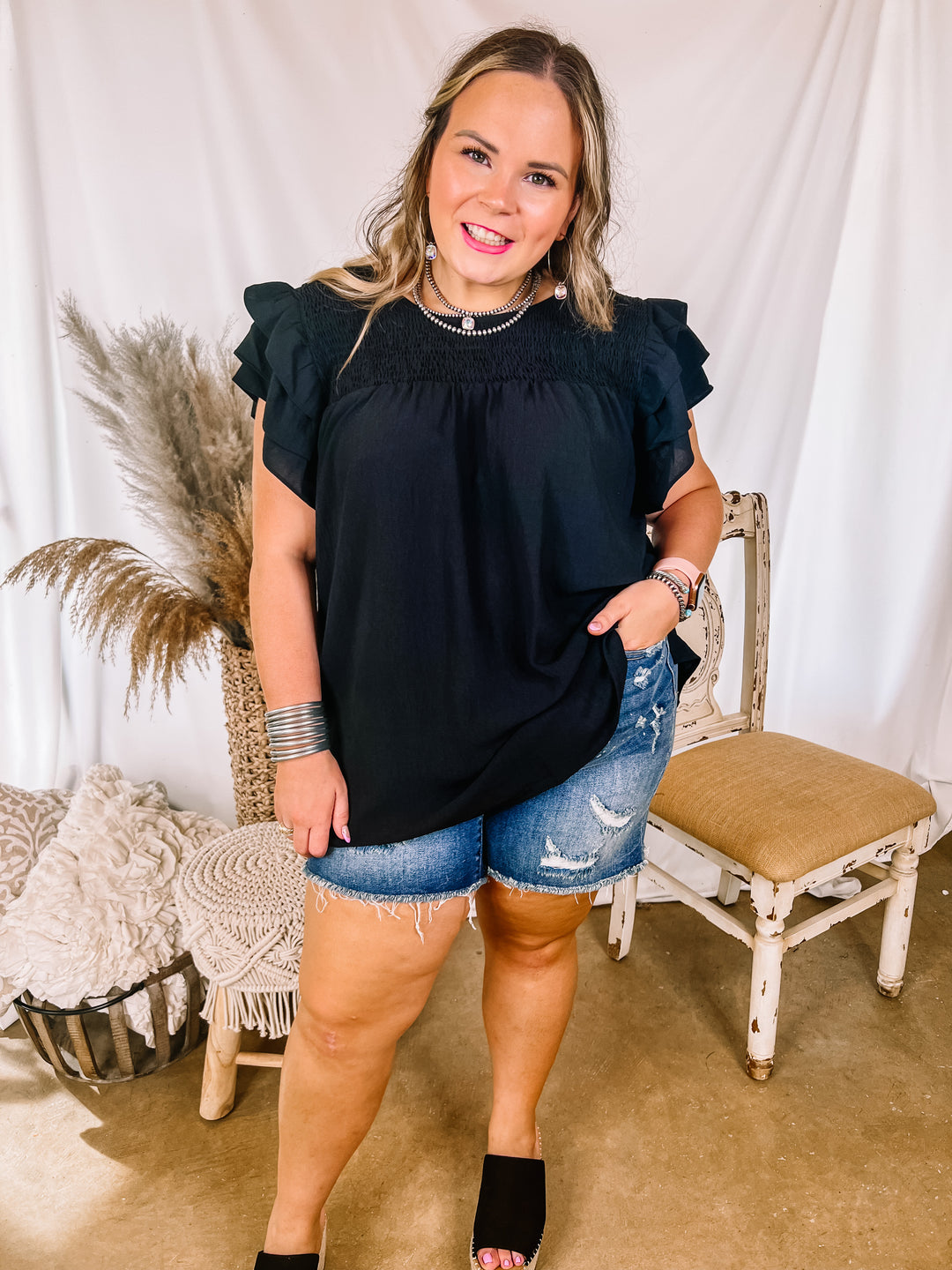 Balcony Nights Ruffle Shoulder Cap Sleeve Blouse in Black - Giddy Up Glamour Boutique