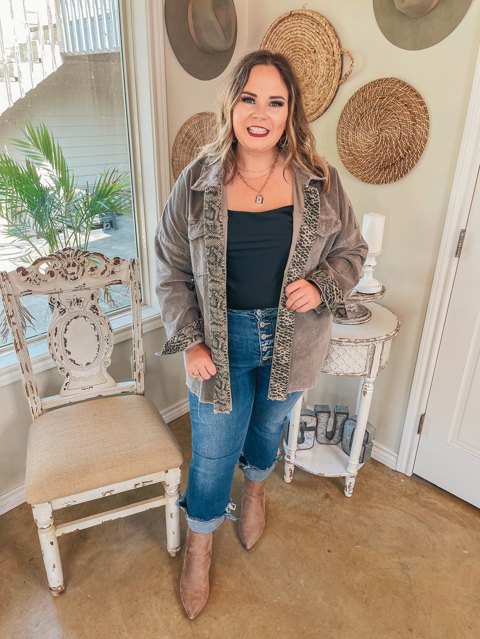 Plus Sizes | Deer Valley Resort Corduroy Shacket with Animal Print Trim in Stone Grey - Giddy Up Glamour Boutique