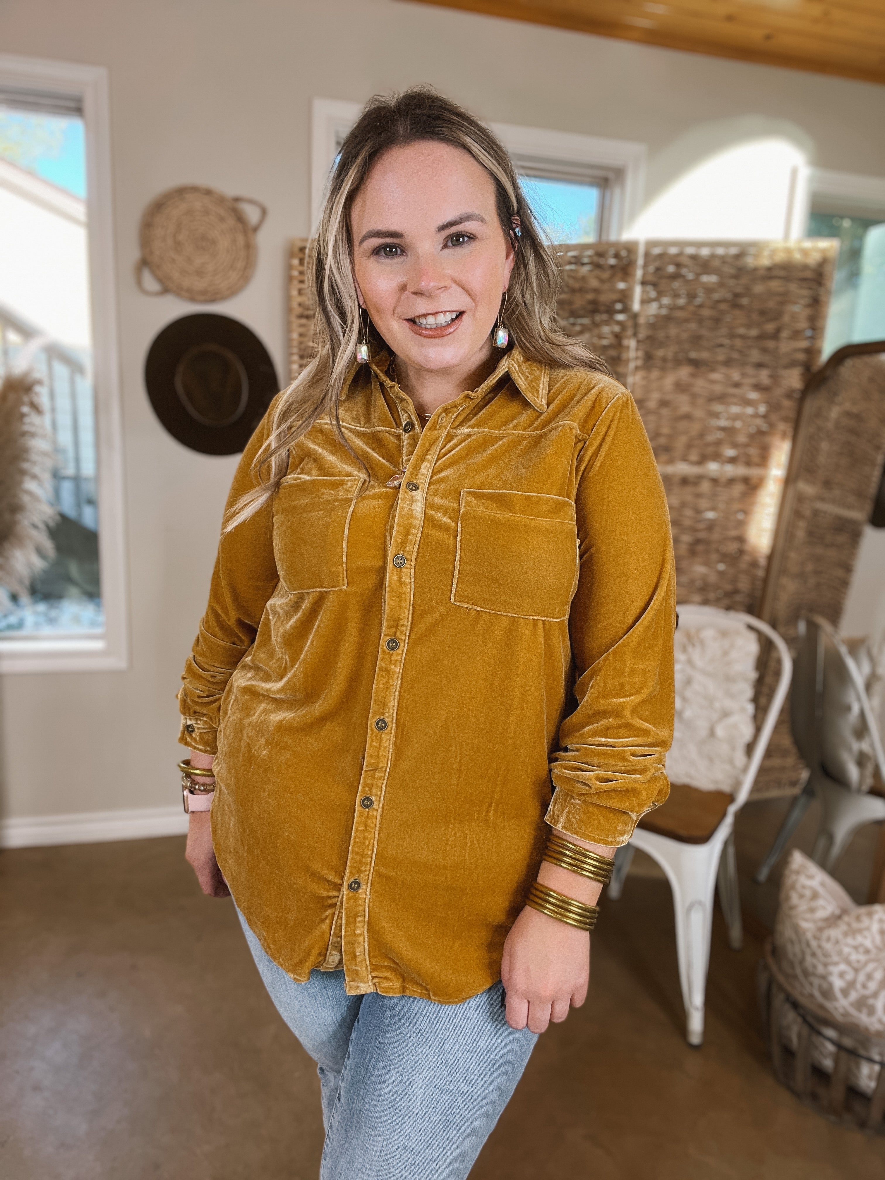 Candy Apple Evening Button Up Velvet Long Sleeve Blouse in Mustard - Giddy Up Glamour Boutique