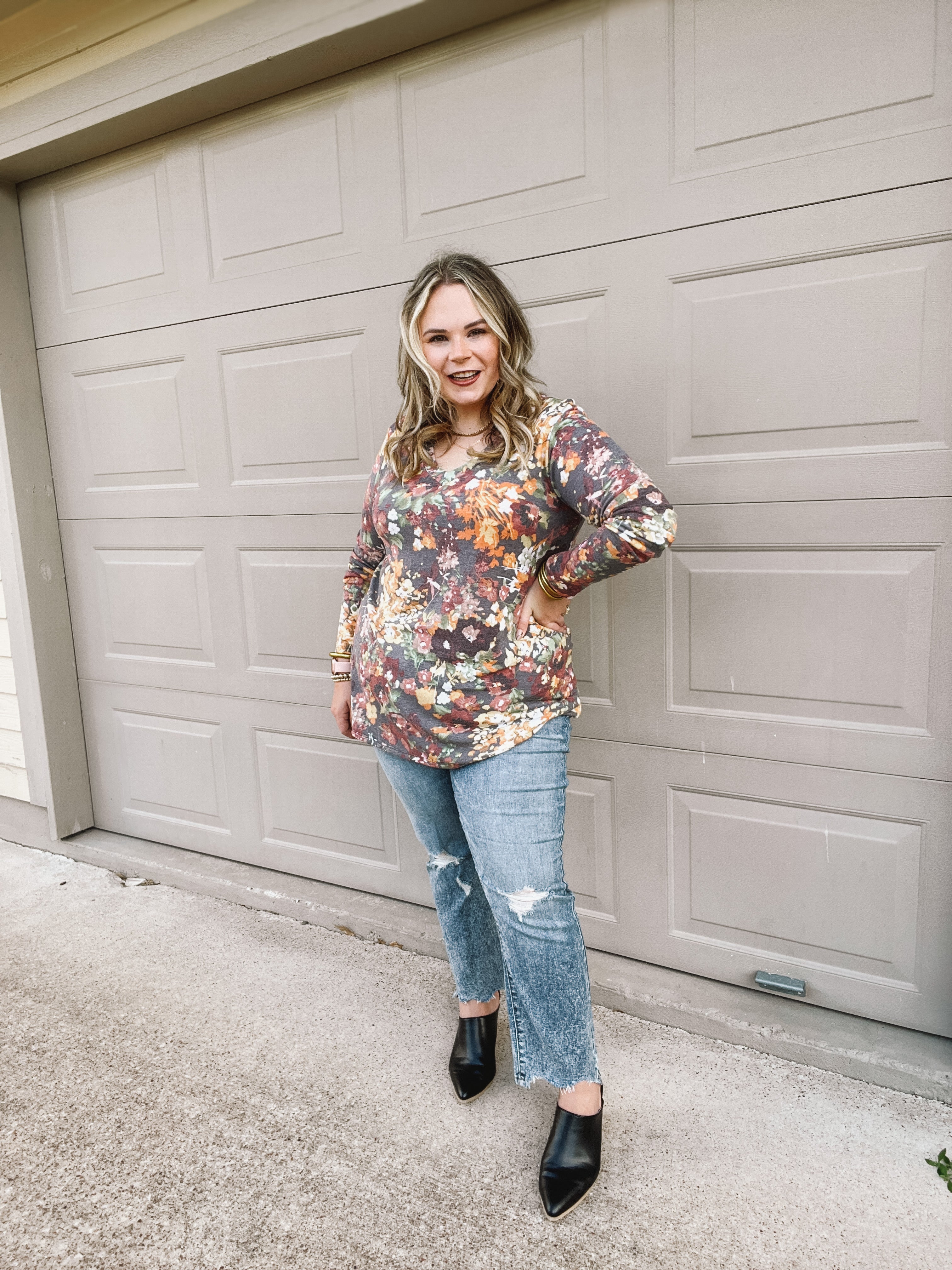 Keep Things Simple Long Sleeve Floral V Neck Pullover Top in Charcoal Grey - Giddy Up Glamour Boutique